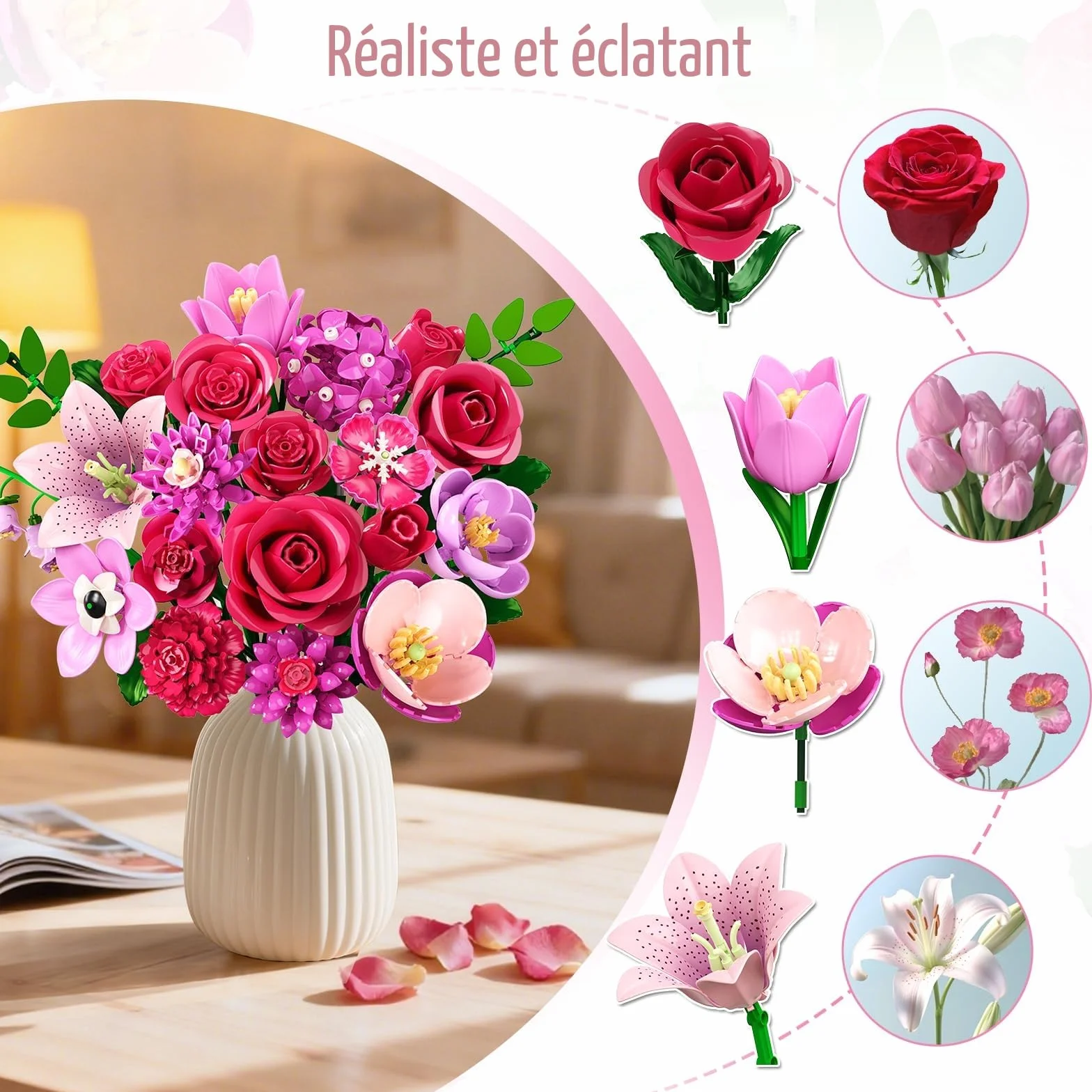 CUBIMANA Bouquet de Fleurs LED 21 Roses Rouges Collection Botanique 832PCS