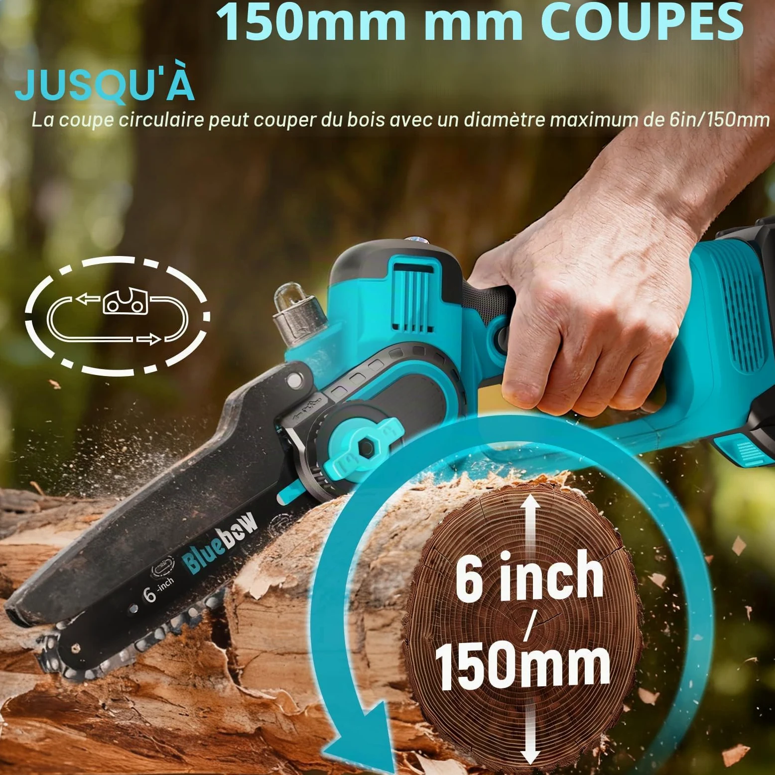 Mini tronçonneuse sans fil de 6 pouces – Scie électrique sans balais avec système d'huile, 2 batteries de 4000 mAh, petite scie à chaîne sans fil avec batterie et chargeur pour couper des arbres