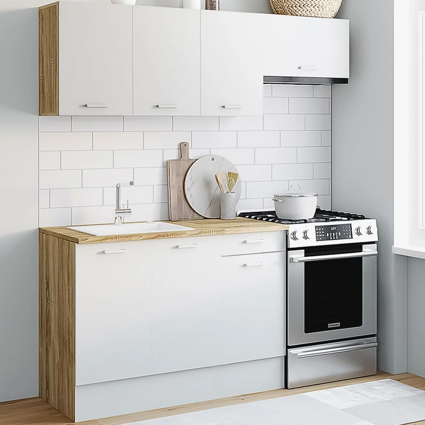 Cuisine complète 180 cm Subtil Plan de Travail 5 éléments Bois Blanc
