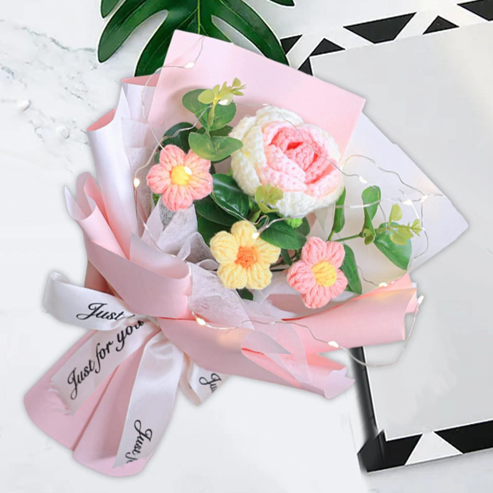 Bouquet de Fleurs Crochet Rose Tissé à la Main Polyvalent Ornement Tricoté Fête des Mères