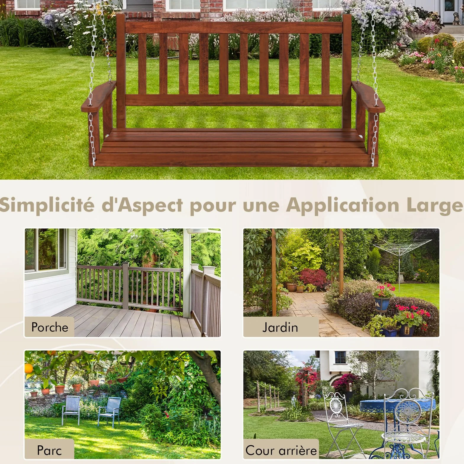 GOPLUS Balançelle Jardin 2/3 Places Extérieur Chaise Hamac Suspension Bois 230/360KG 136x67x63CM Marron
