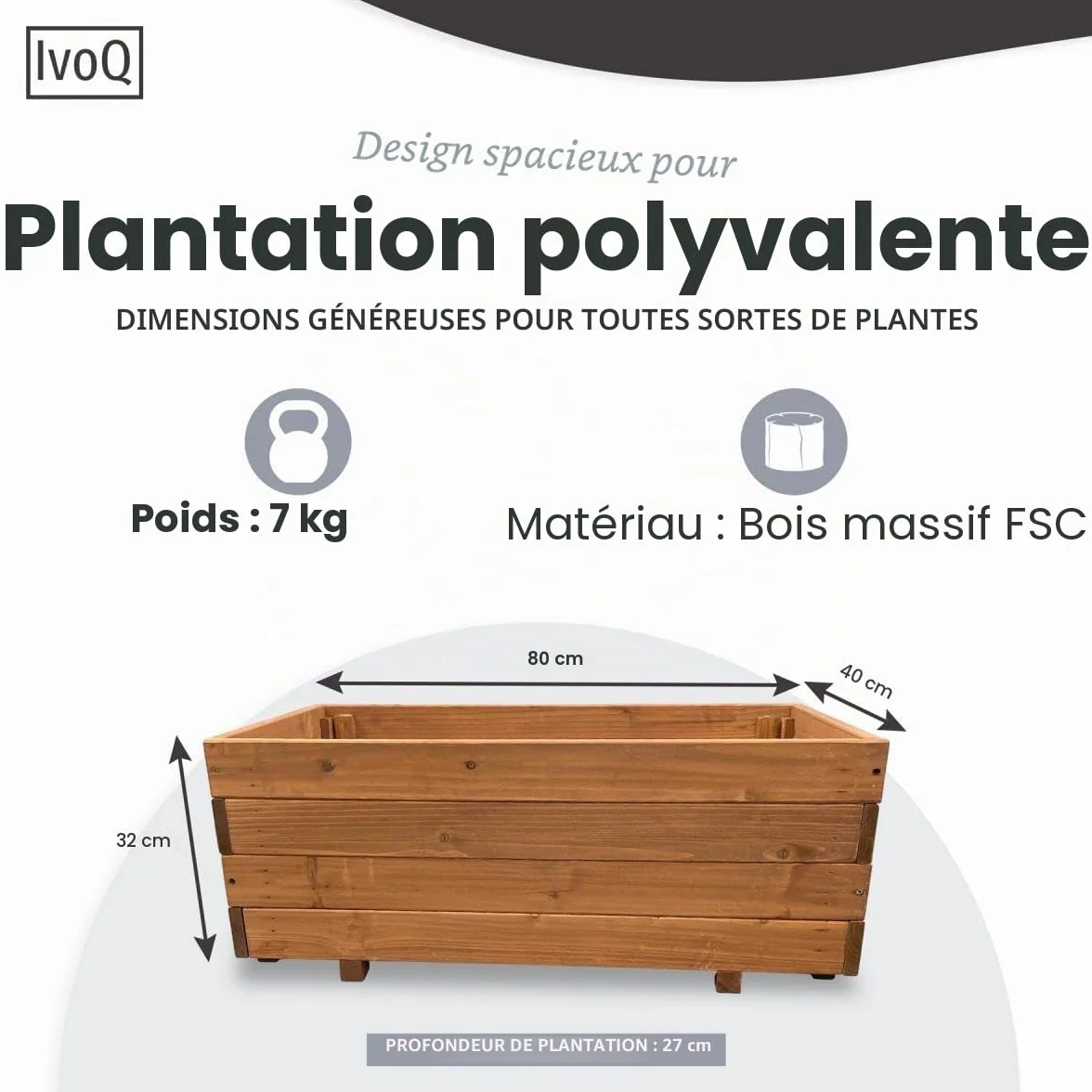 Jardinière en bois 80 x 40 x 32 cm – Bois d'épinette massif FSC – Résistante aux intempéries avec drainage et sac non tissé