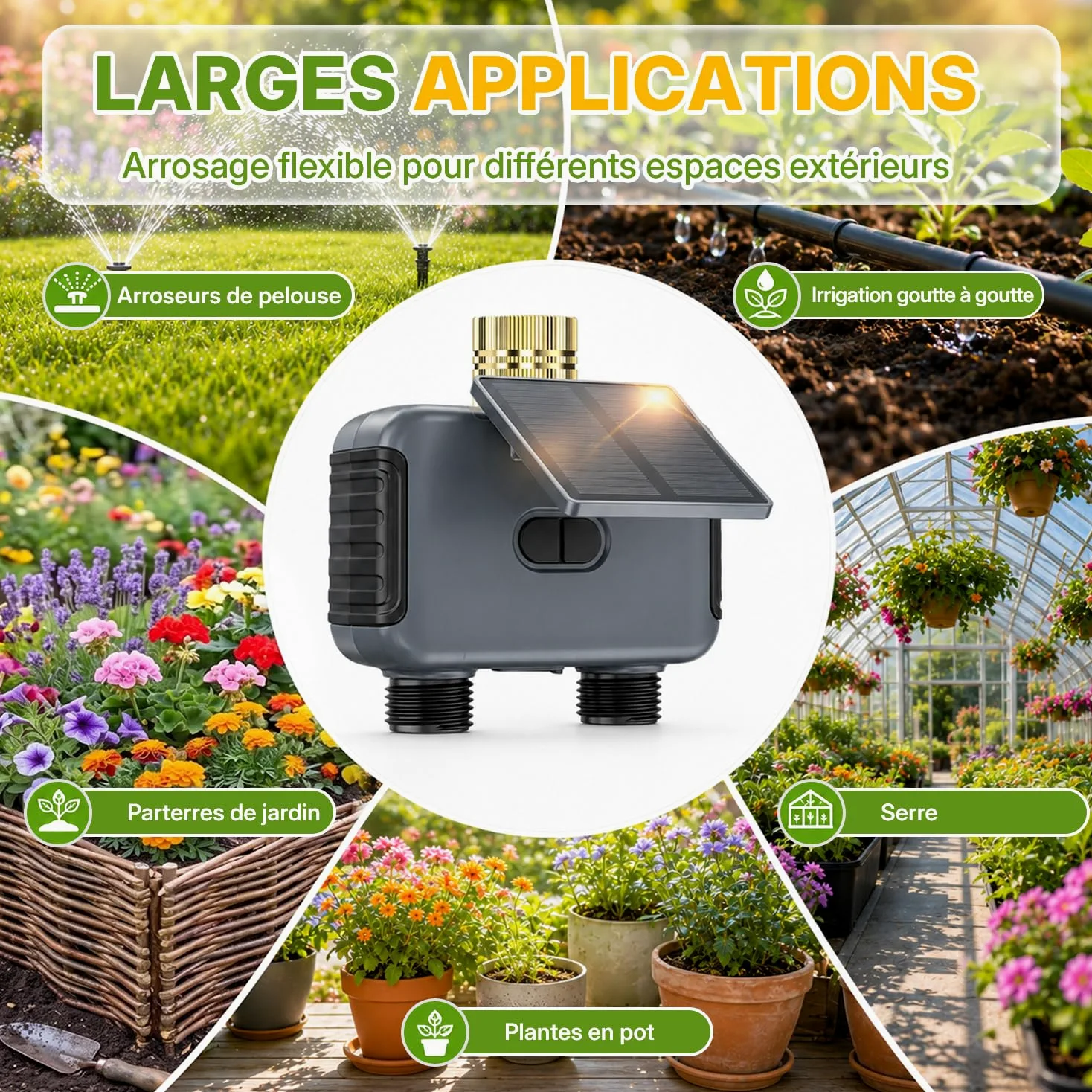 Mcbazel Programmateur d’Arrosage Automatique WiFi à 2 Sorties pour Jardin et Pelouse, avec Panneau Solaire Rechargeable, Conception Étanche IP55, Compatible Application Smart Life et Assistants Vocaux