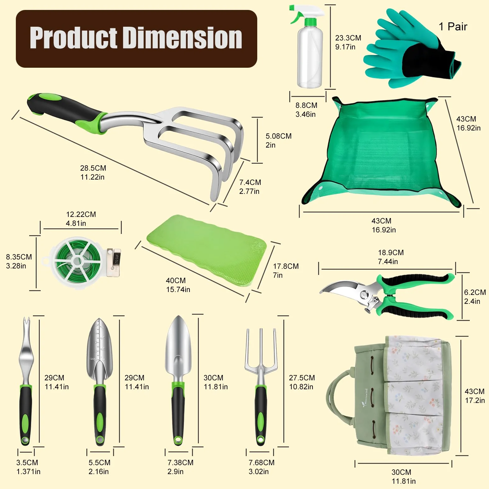 MORROWIND Ensemble D'outils de Jardinage de 13 Pièces avec Sac de Rangement Portable Élégant Et Tablier, Outils Robustes pour L'usage Quotidien du Jardinage Féminin, Vert