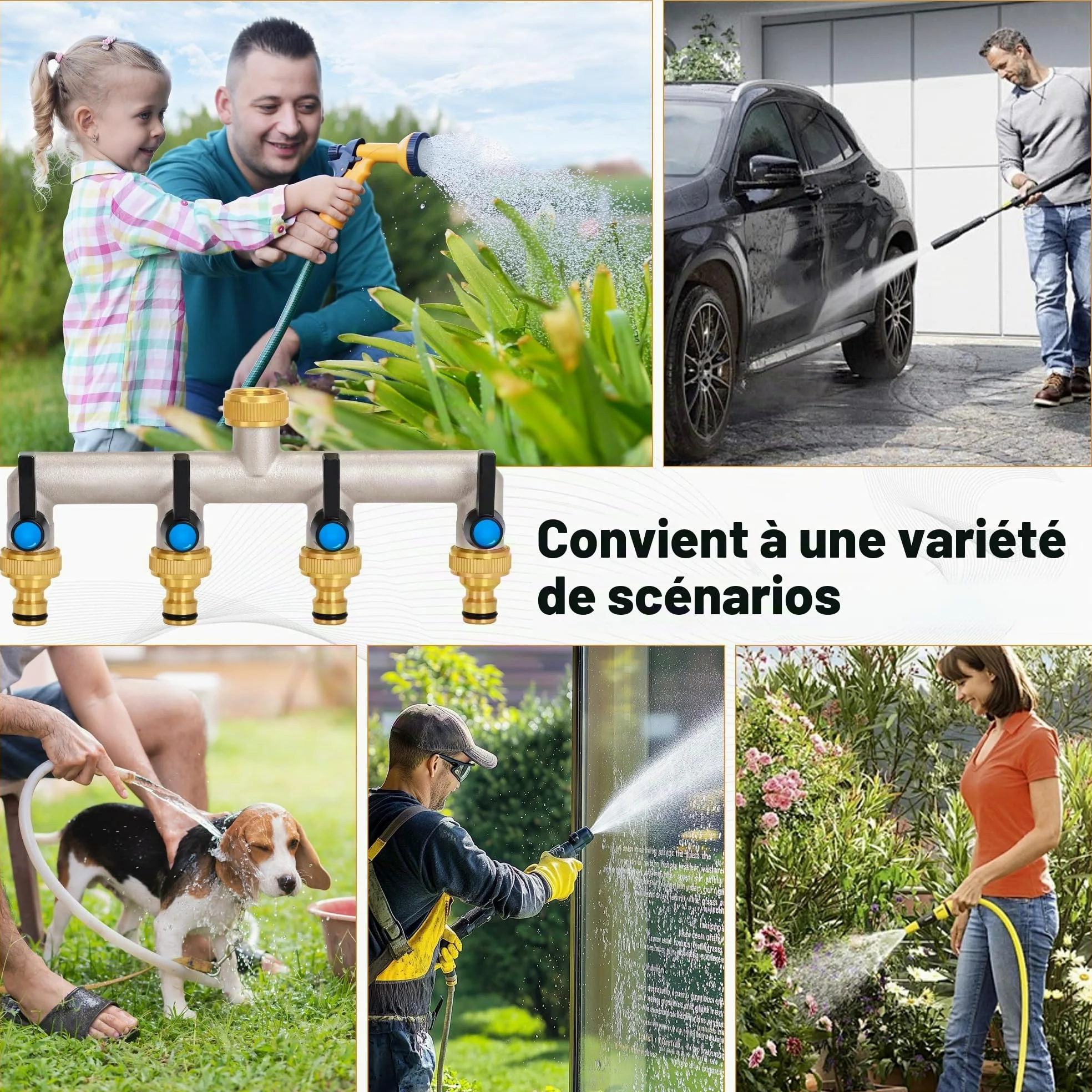 Distributeur d'eau à 4 voies, poignée allongée, distributeur d'eau en laiton de 3/4" avec robinets d'arrêt individuels, 4 distributeurs adaptateur 3/4" 1/2" pour