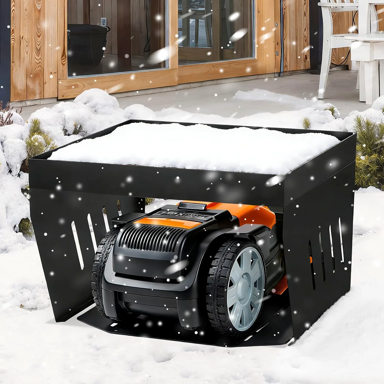 Garage pour robot tondeuse avec bac à plantes, toit en acier revêtu par pulvérisation pour robot à gazon, avec 4 ancrages au sol pour un maintien résistant aux tempêtes, protection contre la