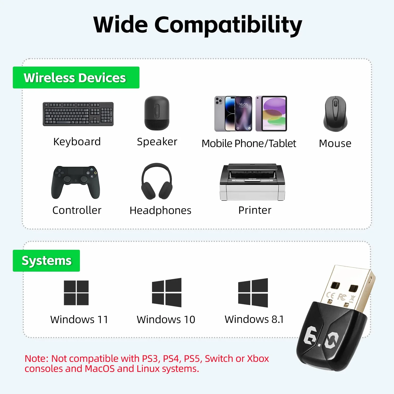Adaptateur Bluetooth USB 6.0 pour PC, Dongle Bluetooth Windows 11/10/8.1
