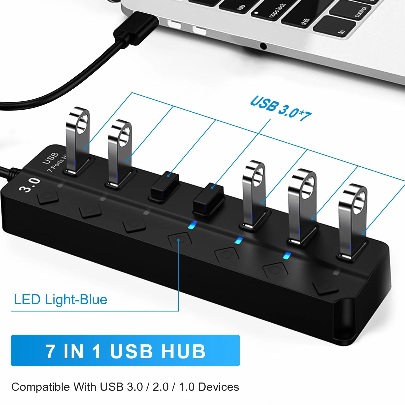 HORJOR Hub USB 3.0 7 Ports avec Interrupteur Séparé et LED, Alimenté Adaptateur Transfert Données Charge Rapide