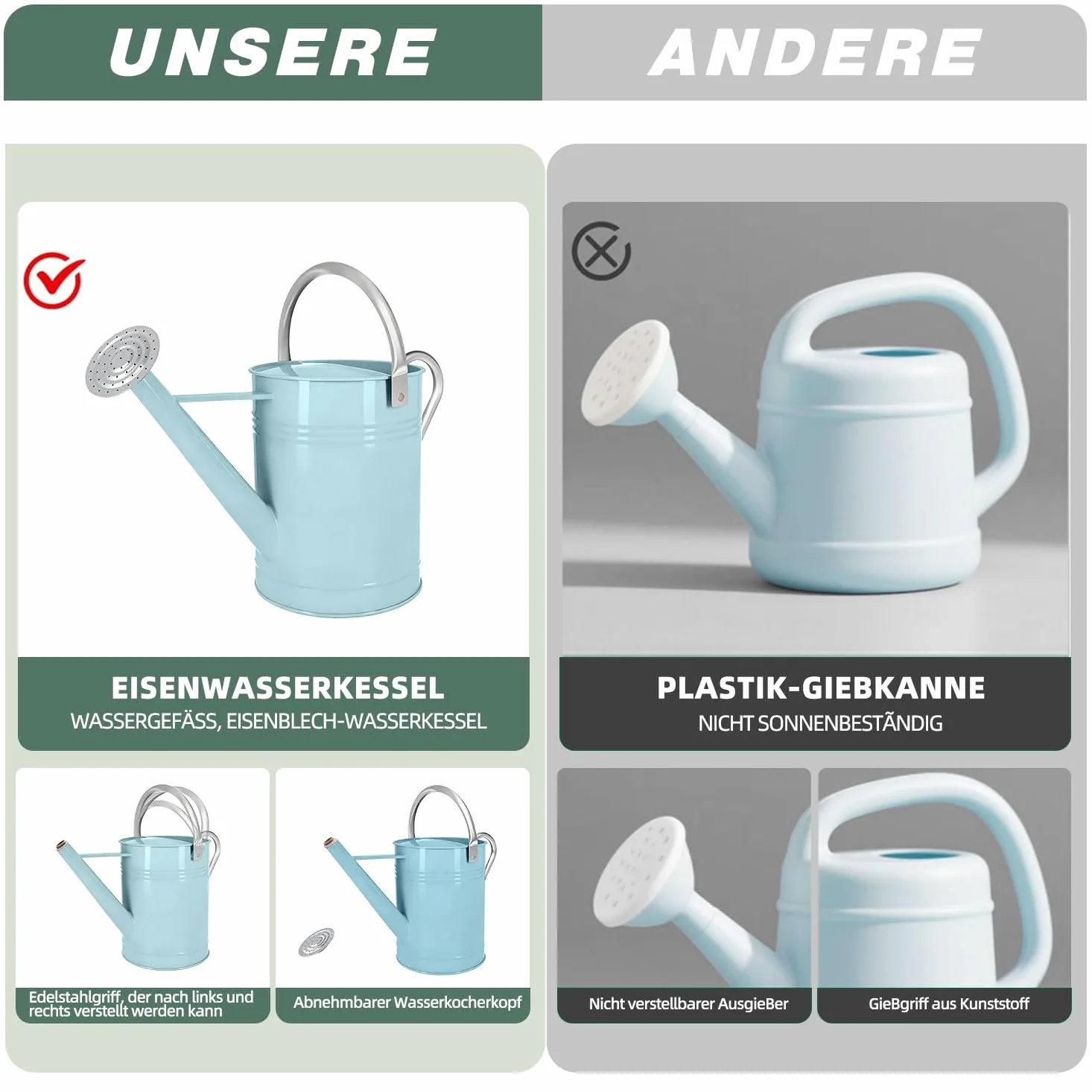 Arrosoir en métal Bleu Clair de 6,5 l pour Plantes d'extérieur et d'intérieur - Arrosoir en Acier galvanisé avec Bec Amovible, poignée de Transport Mobile - Pot d'arrosage résistant à la Rouille pour