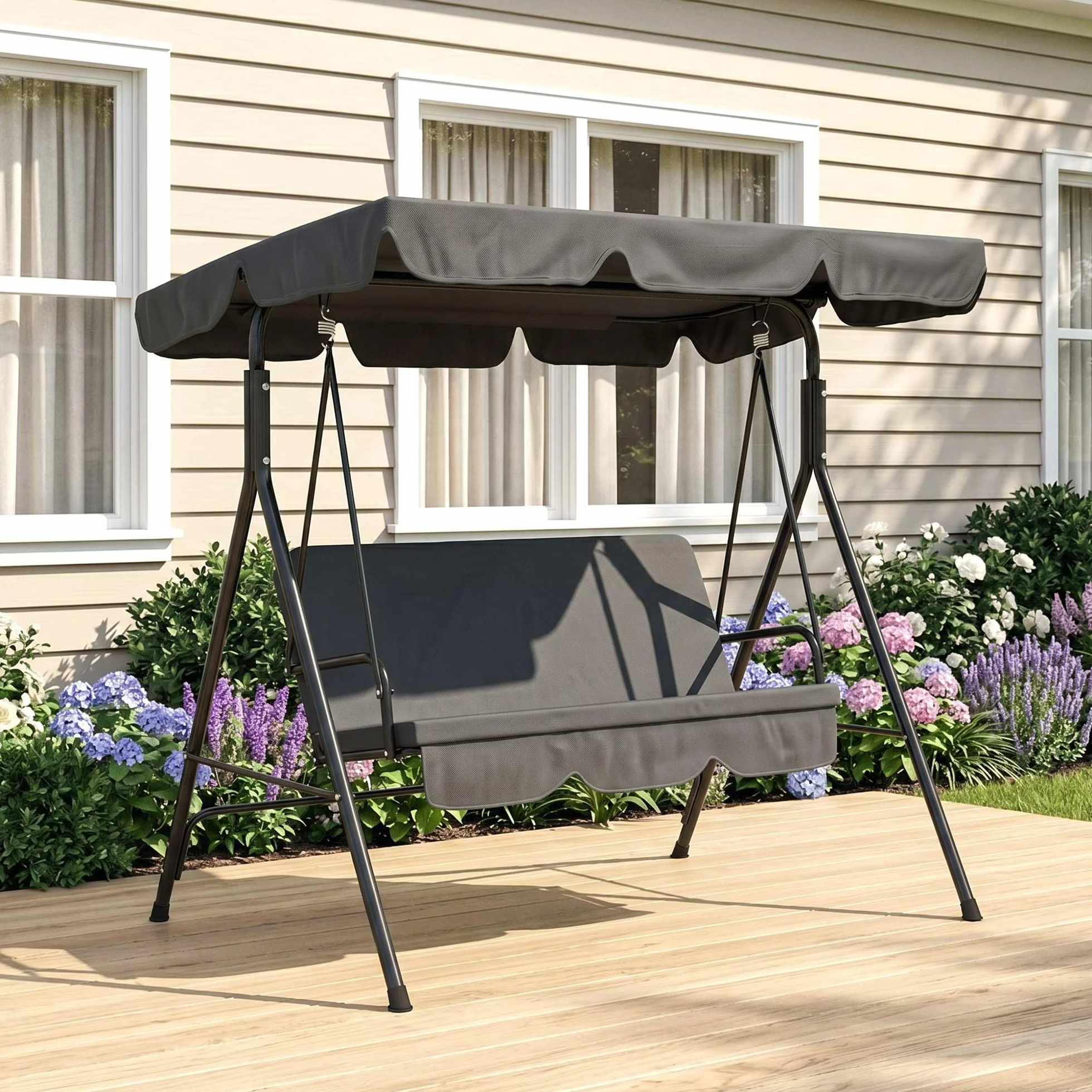 Outsunny Balancelle de Jardin 3 Places Toit Inclinaison réglable Acier Noir
