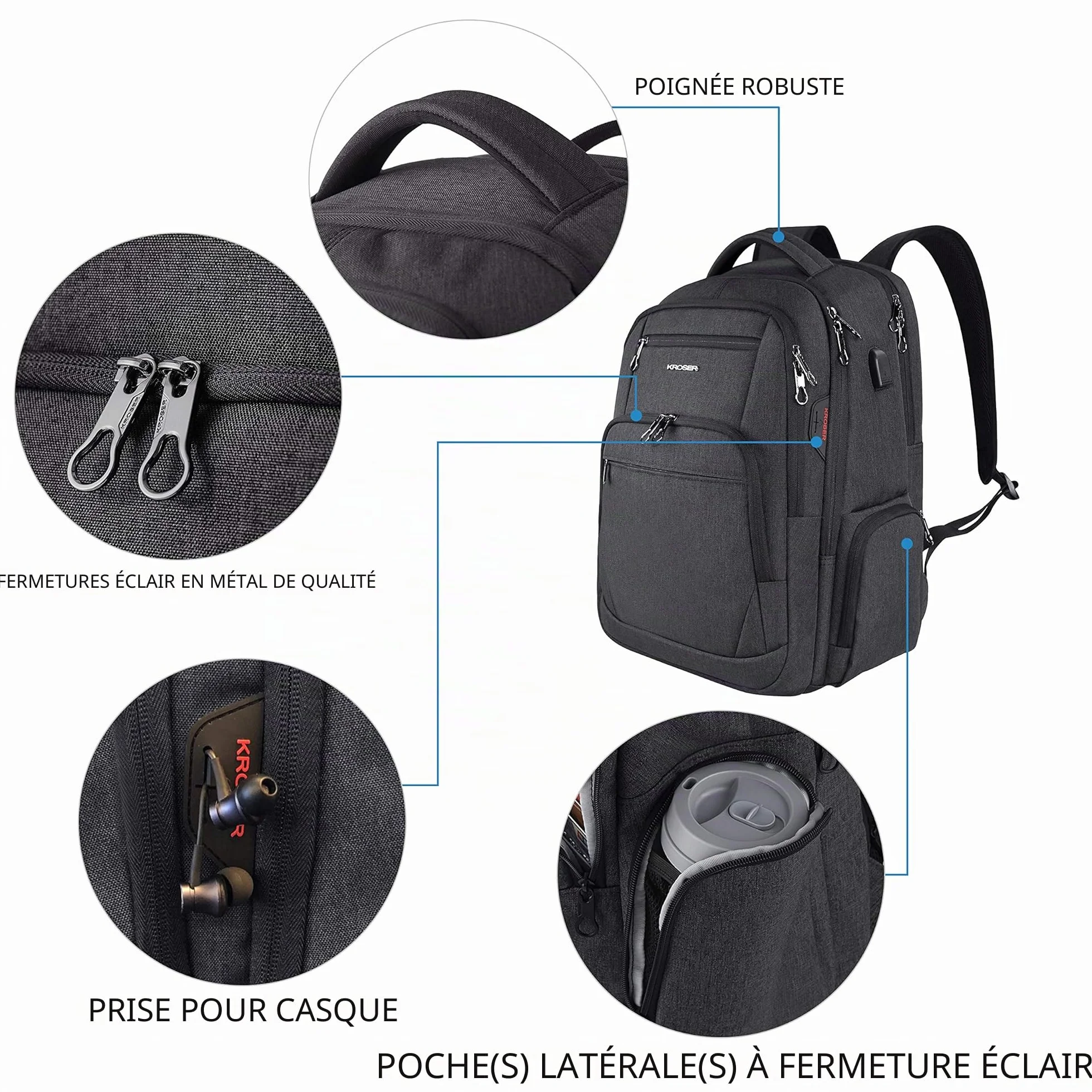 KROSER Sac à dos ordinateur portable 17,3" imperméable USB RFID