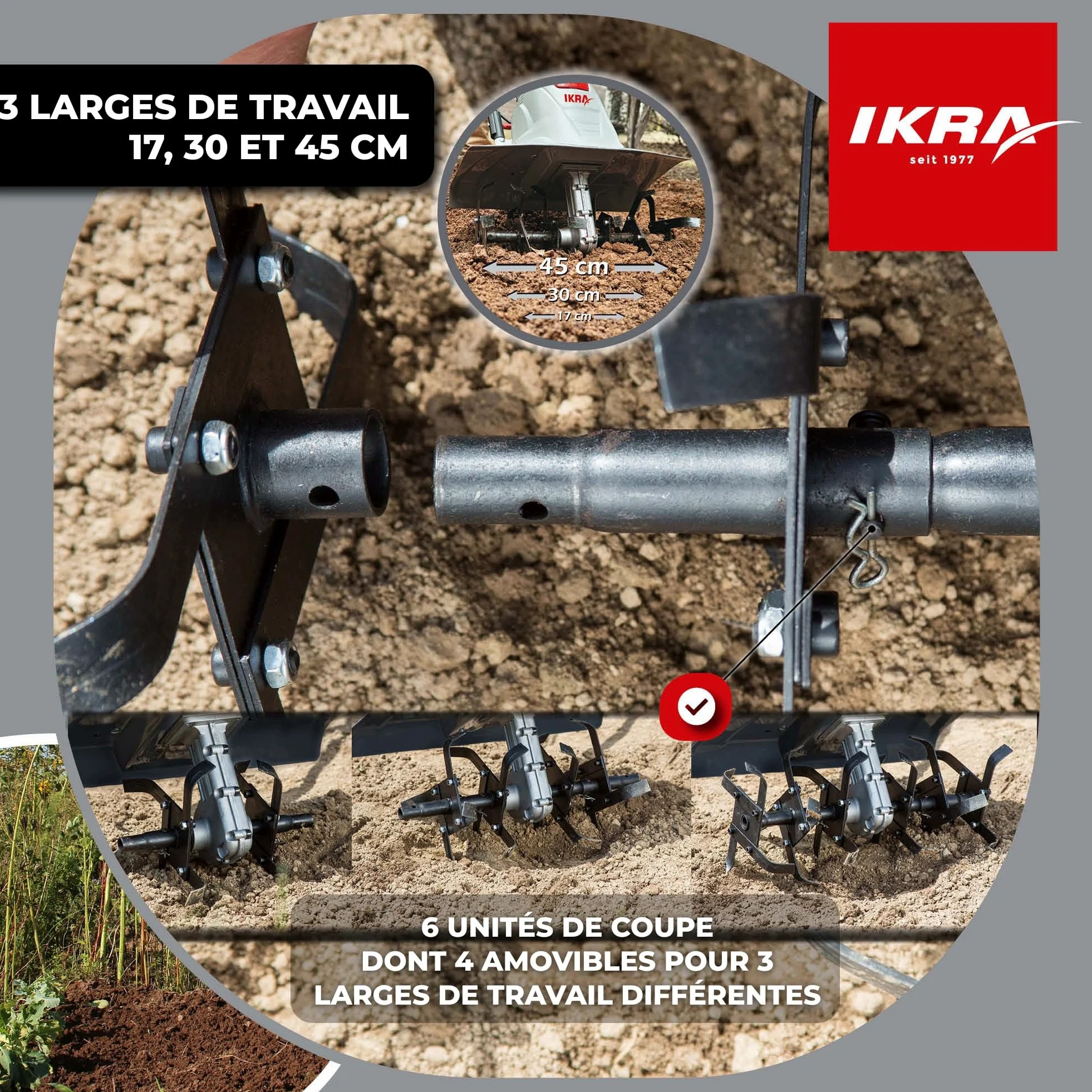 IKRA motoculteur électrique FEM 1500, 17, 30 et 45 cm, avec sarcloir Manuel | 1500 W, profondeur de travail 23 cm, patin de frein, roue de transport, pliable, protection contre les surcharges