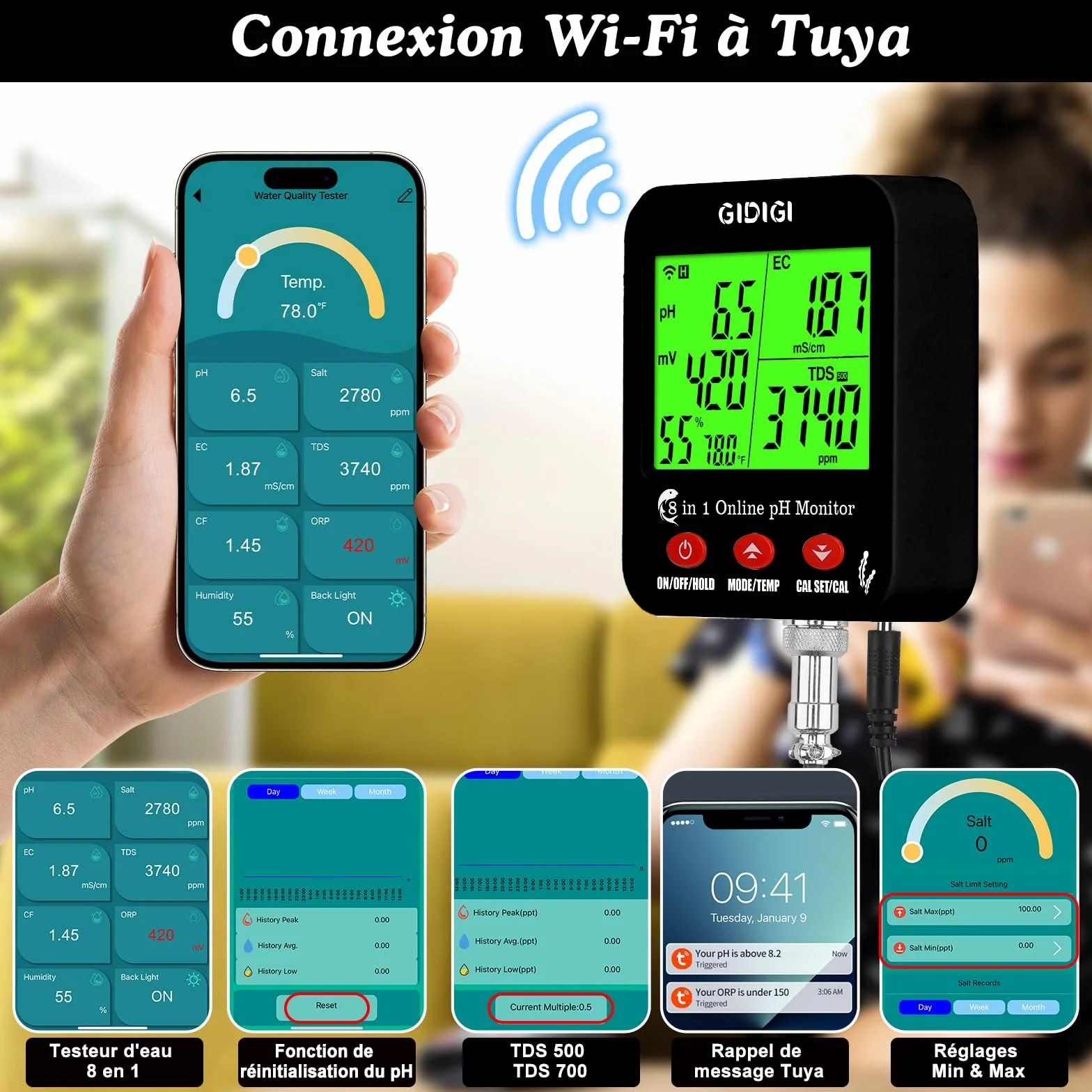 Testeur intelligent WiFi 8 en 1 de pH/EC/CF/TDS/salinité avec ORP | moniteur de nutriments hydroponiques et testeur sel et de pH pour aquariums, bassins et systèmes hydroponiques