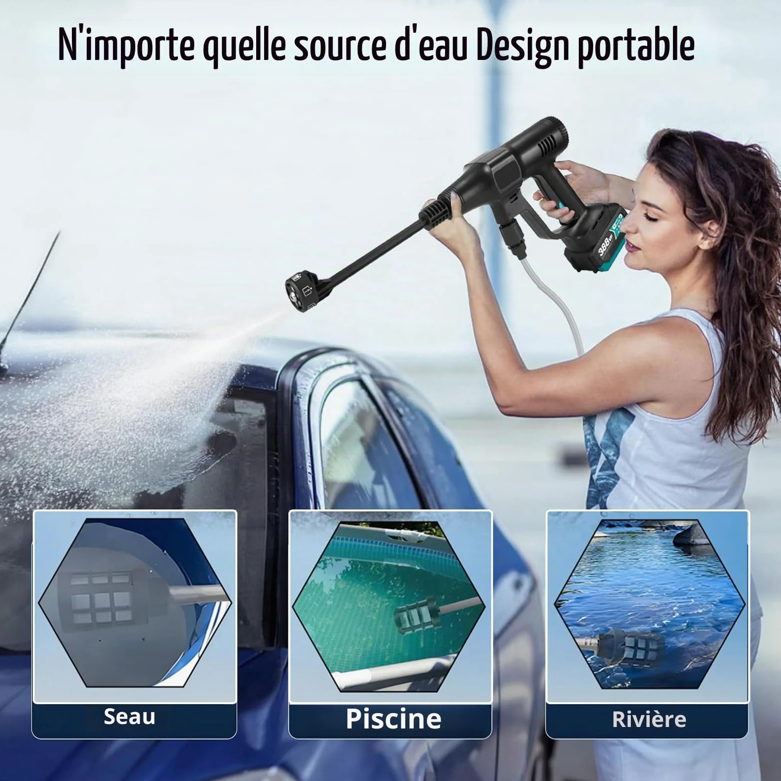 Nettoyeur Haute Pression sans Fil 3 Niveaux de Réglage Max 200Bar | Buse 6 en1 Sur Batterie 15000mah portable