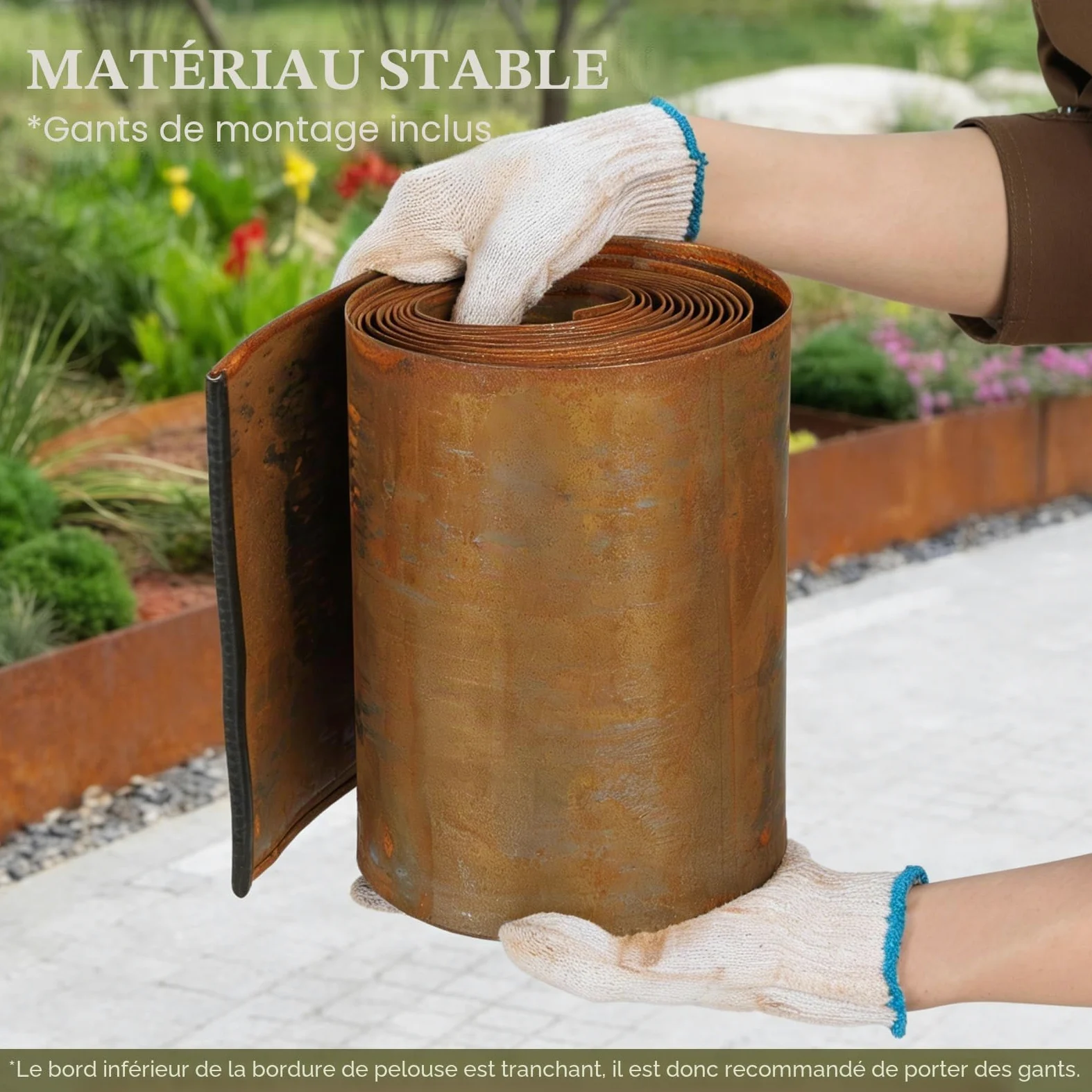 Bordure de pelouse en acier Corten 5 m x 20 cm - Bordure de parterre en métal aspect rouille - Bordure de pelouse flexible - Avec 1 paire de gants - Pour délimiter les parterres de fleurs, les allées