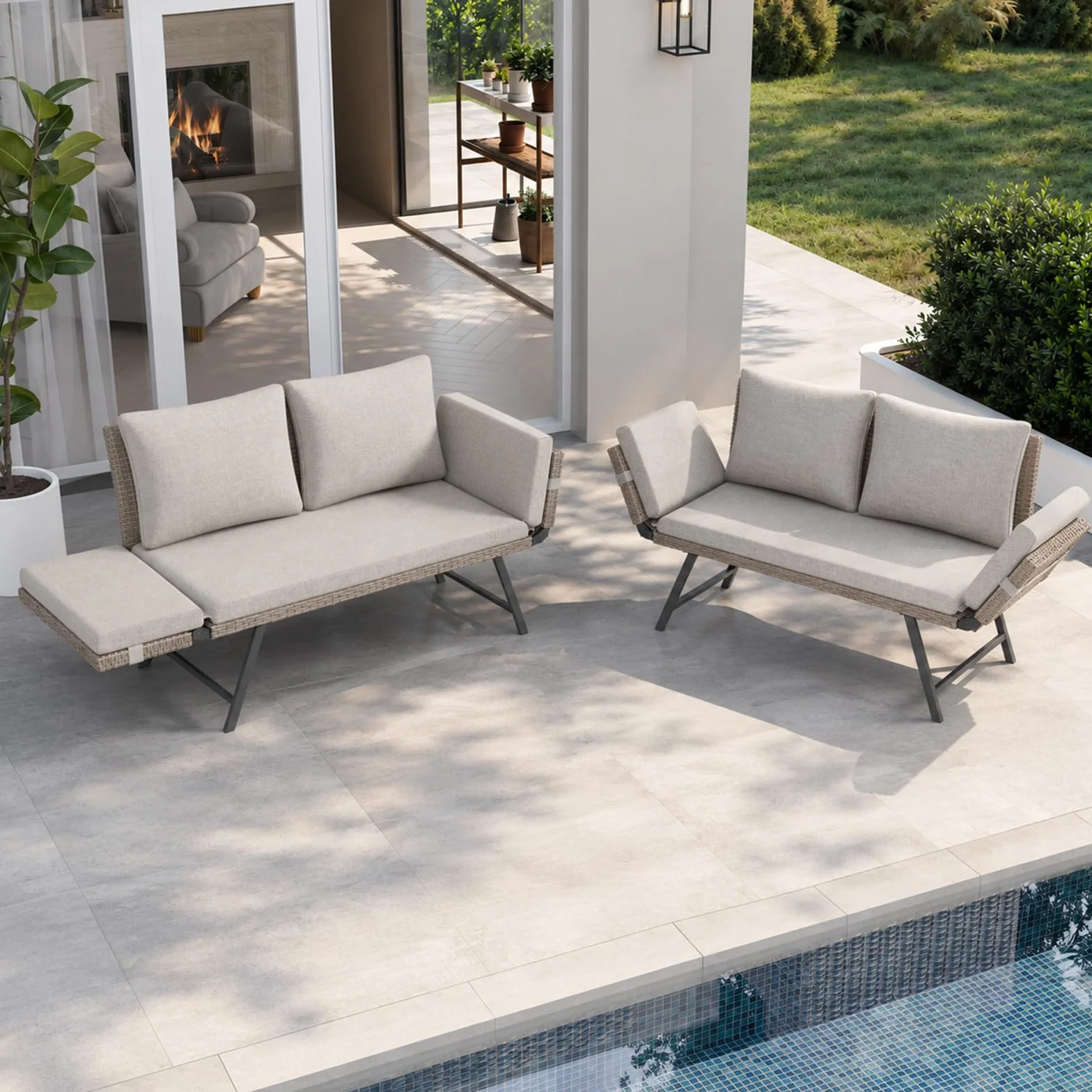 Lot de 2 Canapé de Jardin 2 Places en Poly Rottin avec Accoudoirs Réglables, Chaise Longue pour Terrasse Balcon Patio, Meuble de Jardin avec Coussins Lavables Beige