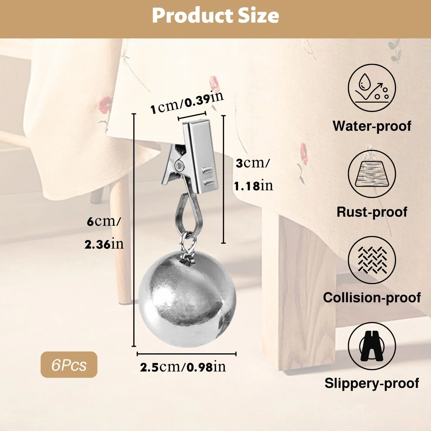 Poids de nappe de table lot de 6 pièces, boules en acier inoxydable avec clip, stables et extra lourdes