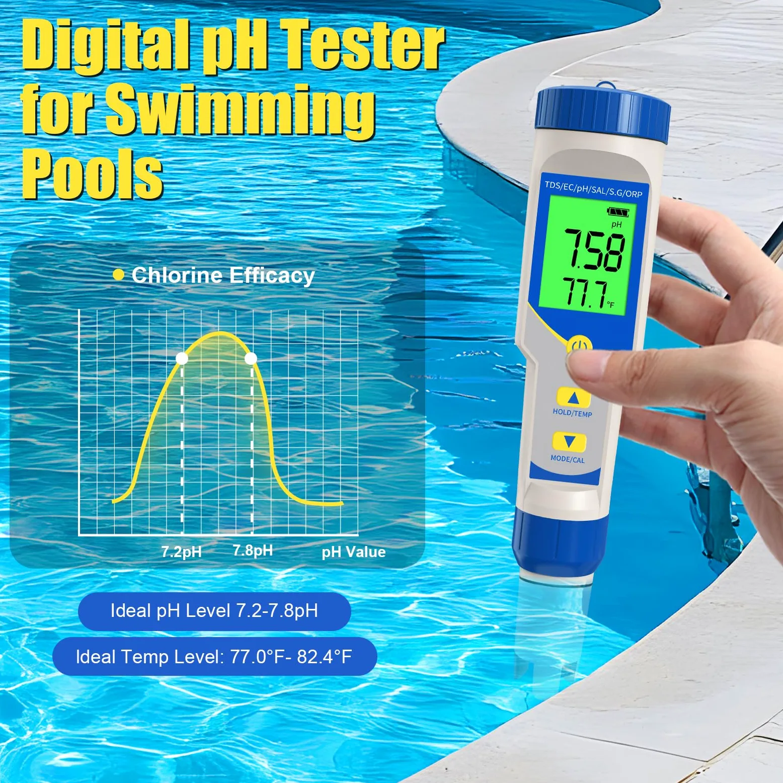 Compteur de sel numérique pour piscine, Phmètre étanche IP67 avec ATC, 7 en 1 /TDS/EC/Salinité PH Testeur, Compteur de Salinité PH pour Test de dureté de l'eau Aquarium, Eau potable
