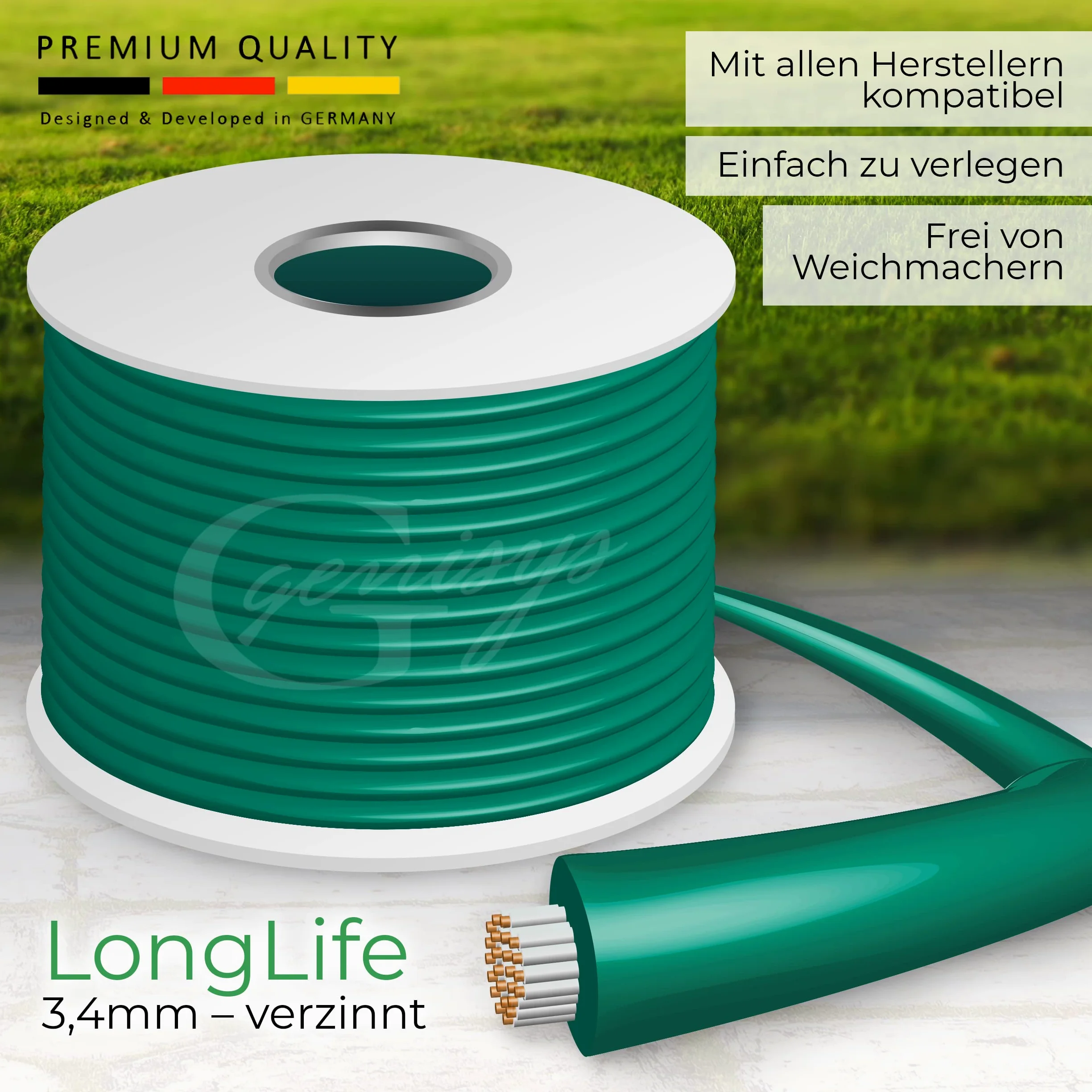 Genisys Câble Compatible avec LANDROID de Worx - 3,4mm Long Life - Fil de limitation Robot Tondeuse - sur Enrouleur de câble, Longueur:500m