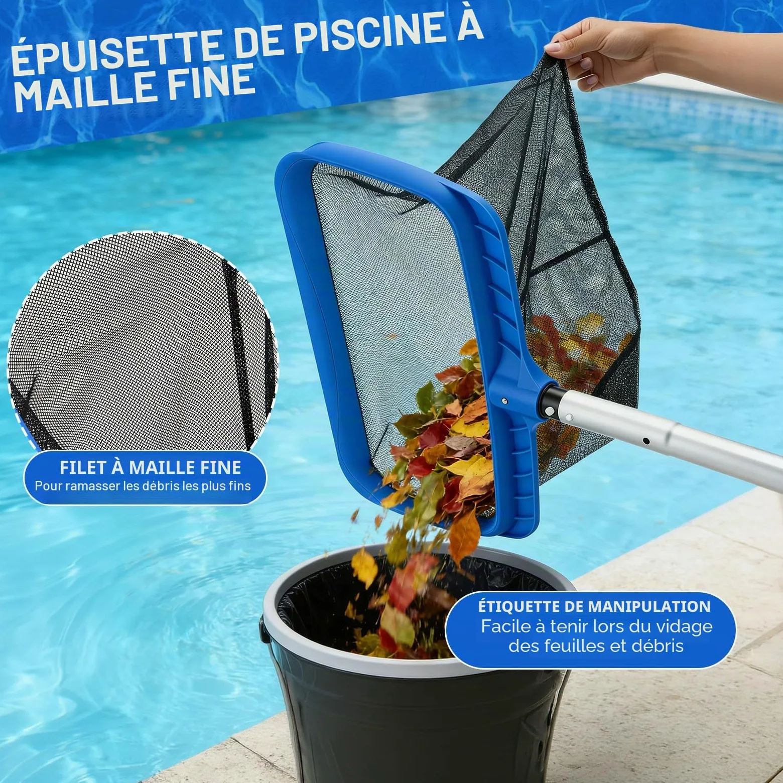 Kit de Nettoyage pour Piscine - Épuisette Piscine à Mailles Extra Fines et Brosse Piscine 45cm avec Manche 4 Sections pour Skimmer, Ramassage Feuilles - Accessoire Piscine Hors Sol