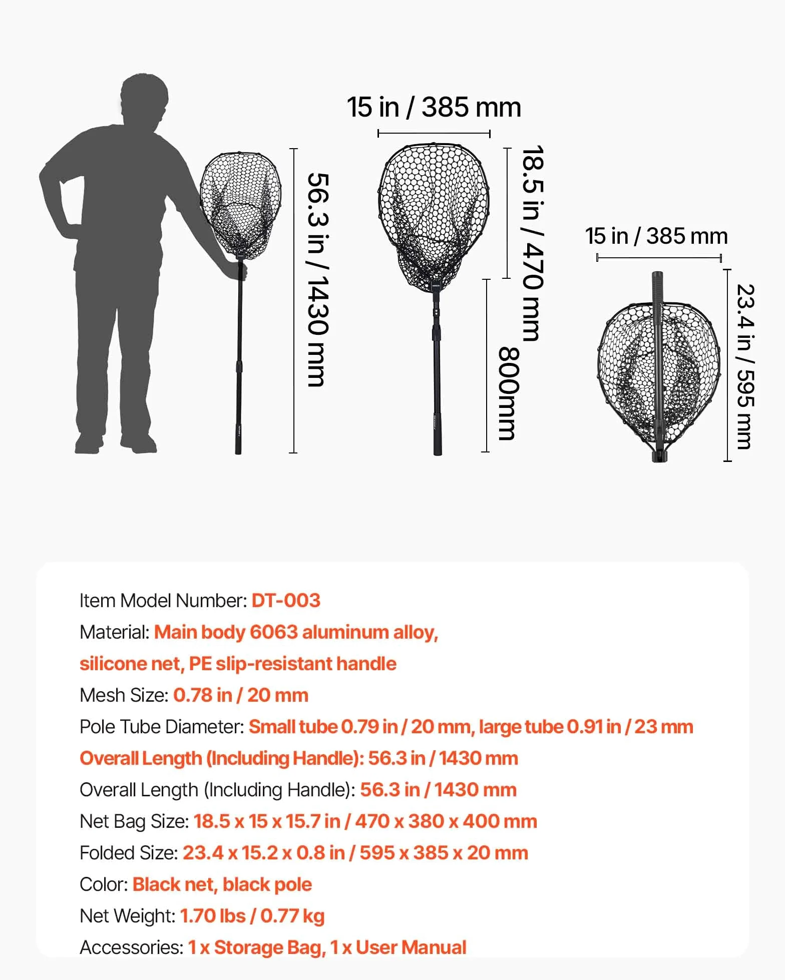 VEVOR Épuisette de Pêche Pliable, Filet de Pêche avec Manche Télescopique, pour Poisson Étang Bassin Kayak Bateau, Salabre Léger et Portable, Tige en Aluminium 6063 et Filet en Silicone Souple
