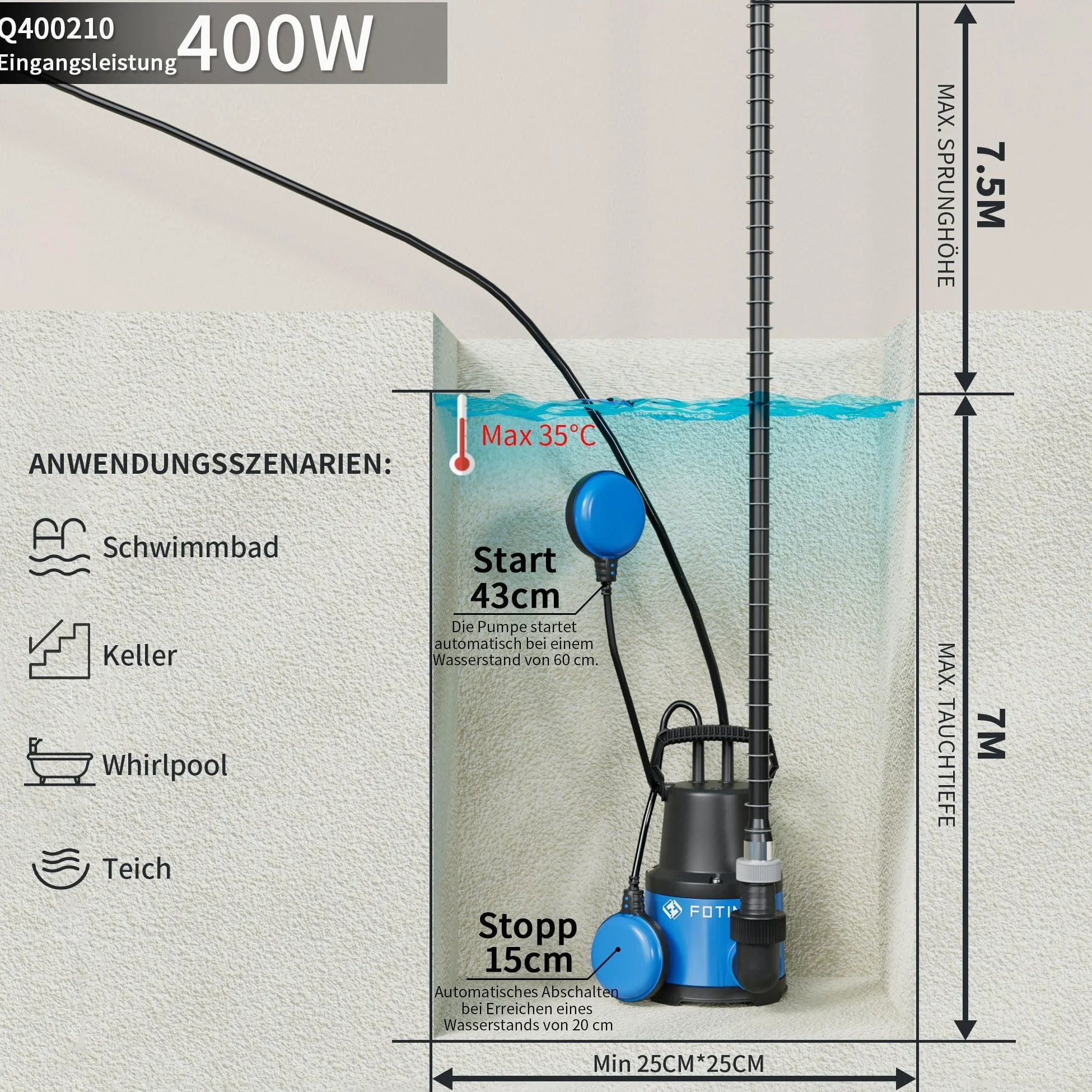FOTING Pompe submersible 400 W, 8000 l/h, hauteur d'extraction maximale 8 m, profondeur d'immersion maximale 7 m, interrupteur à flotteur réglable, protection thermique, pour piscine, sous-sol