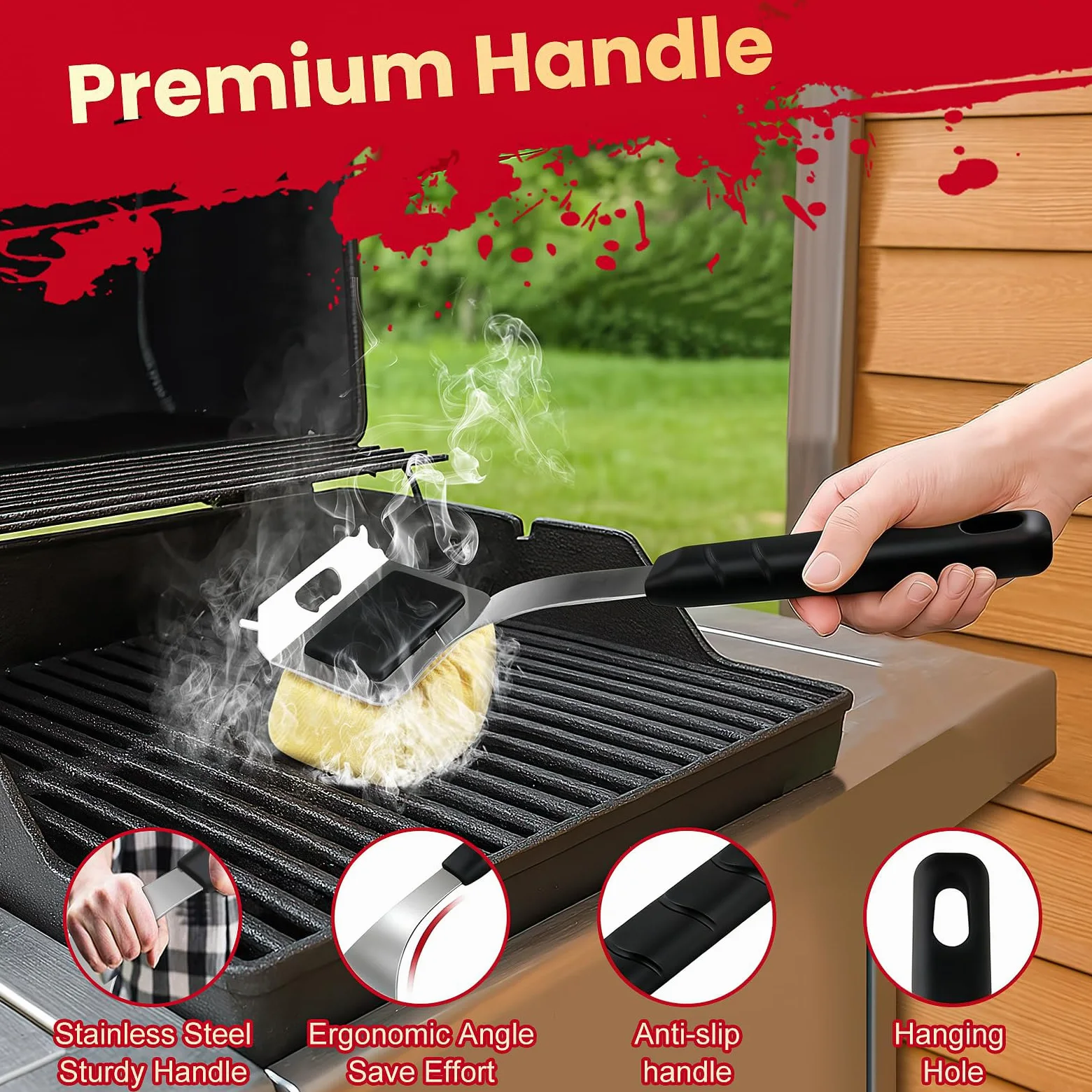 Brosse pour barbecue sans poils avec 5 coussinets remplaçables | Tête de nettoyage remplaçable pour grille de barbecue - Pour grille en fonte et acier inoxydable - Cadeau pour homme et papa