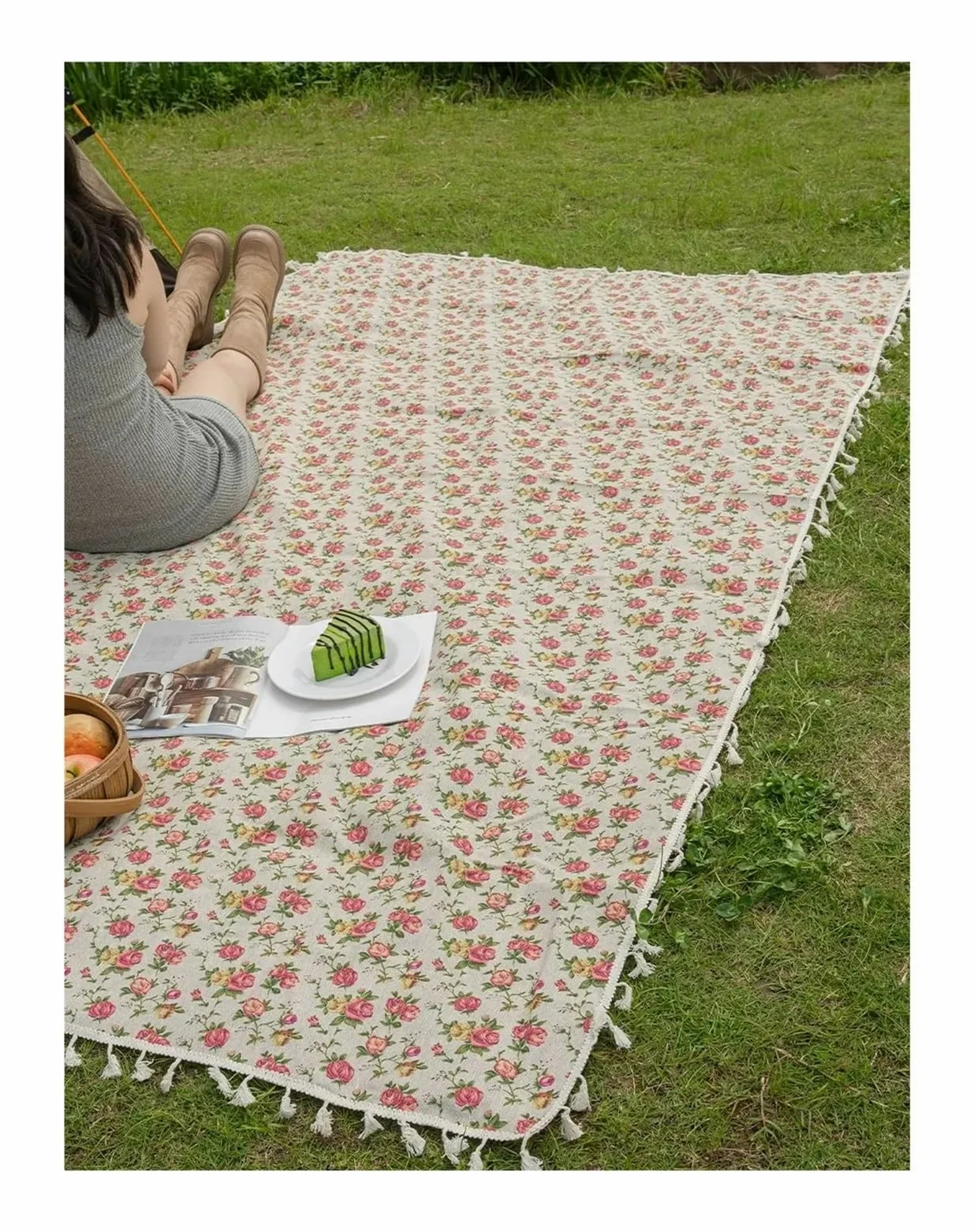 Couverture Pique Nique Tapis de Pique-Nique Pliable Style Campagne Rose, idéal for Les Voyages à la Plage, Le Camping et randonnée(140x300)