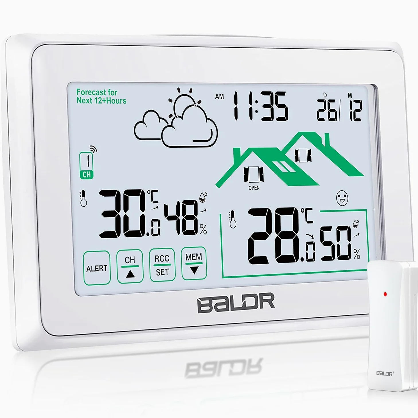 BALDR Station Meteo Interieur Exterieur Sans Fil, Horloge Umérique DCF Thermomètre Intérieur Avec Prévisions Météo de Ventilation et Rétro-éclairage