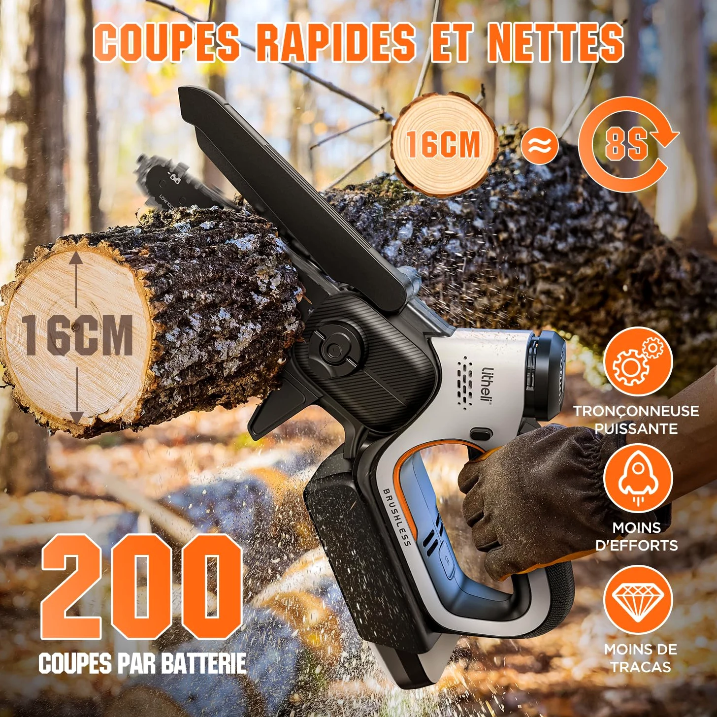 Litheli 20V Mini Tronçonneuse 15cm, Moteur Brushless, 10000mAh | Batterie compatible toute la gamme U20, charge USB-C avec fonction powerbank, lubrification auto.
