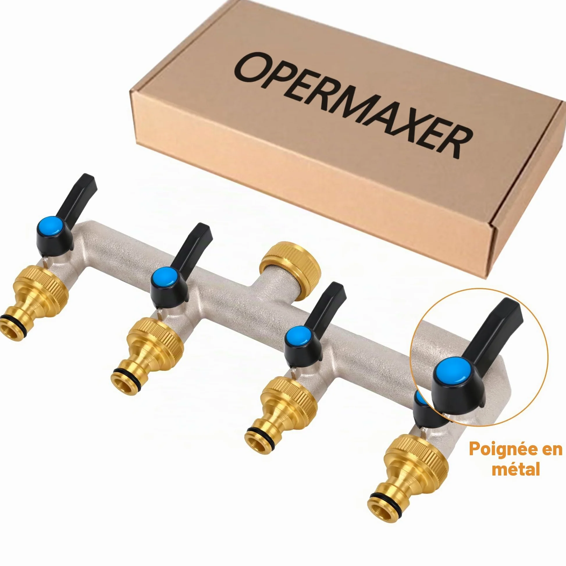 Distributeur d'eau à 4 voies, poignée allongée, distributeur d'eau en laiton de 3/4" avec robinets d'arrêt individuels, 4 distributeurs adaptateur 3/4" 1/2" pour