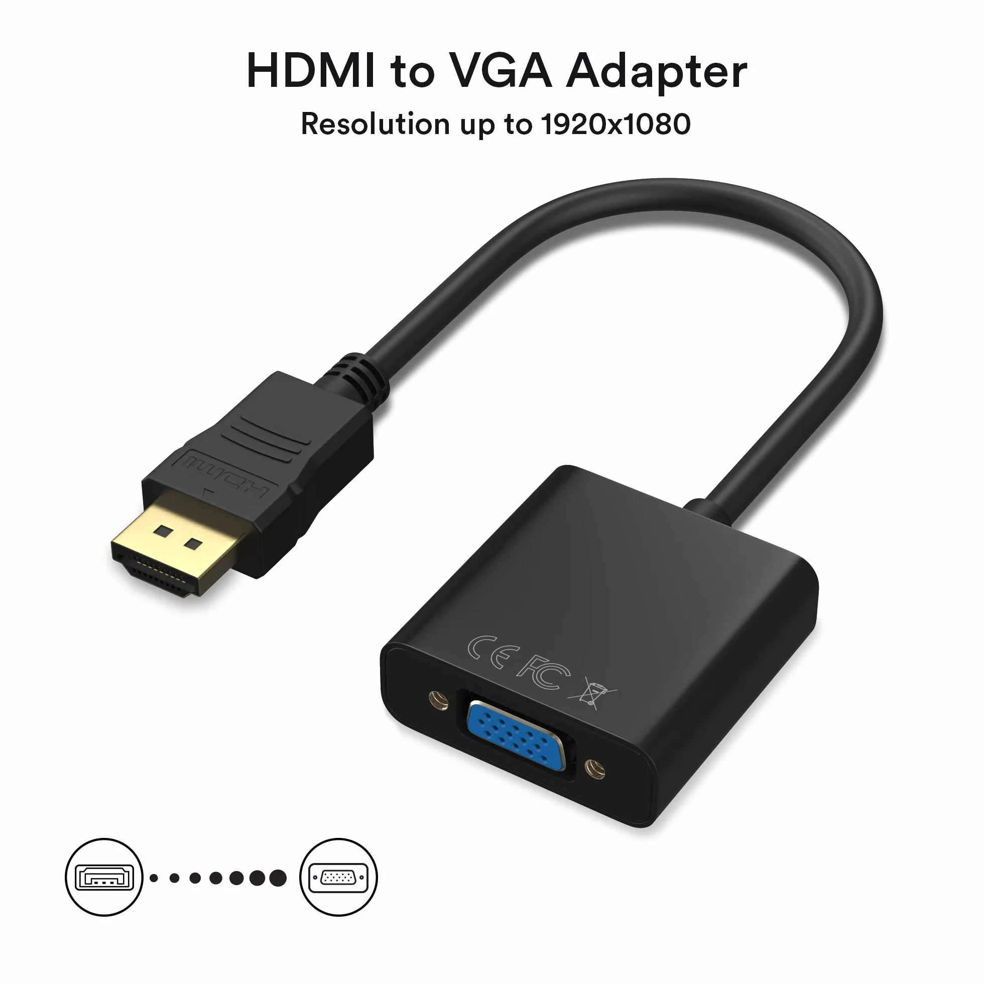 Adaptateur HDMI vers VGA 1080P mâle vers femelle avec audio Noir