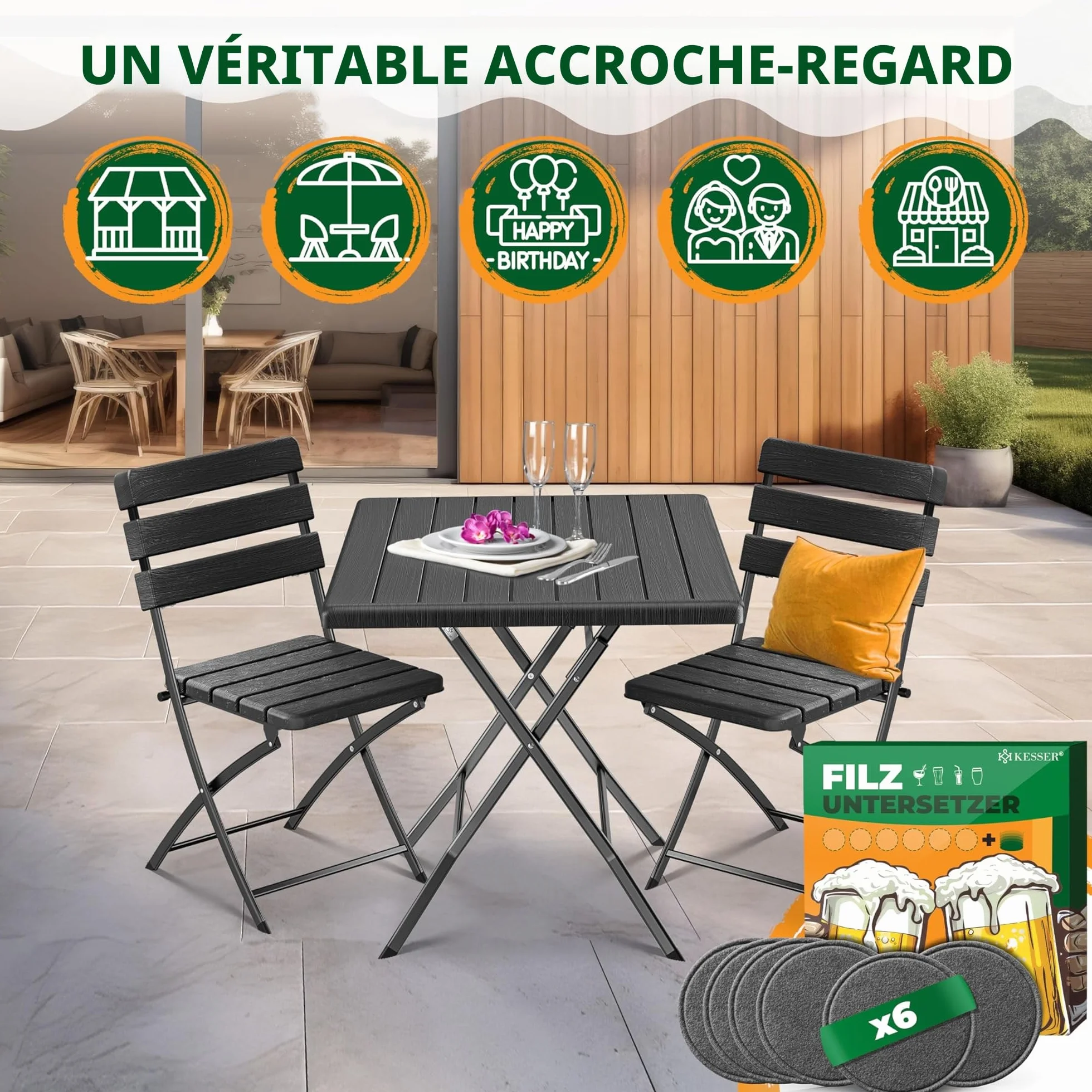 KESSER Ensemble de Bistrot 3 Pièces Pliable Acier Bois Balcon Résistant Intempéries UV