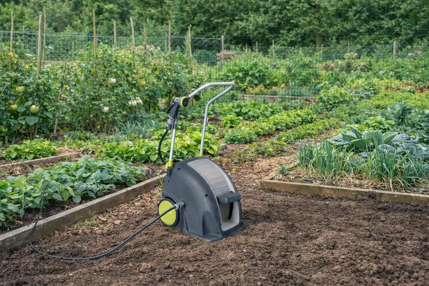 Jardibric - Dévidoir d’Arrosage à Pédale avec Tuyau 30 m - Enrouleur Mobile - Rallonge 2 m - Usage Jardin