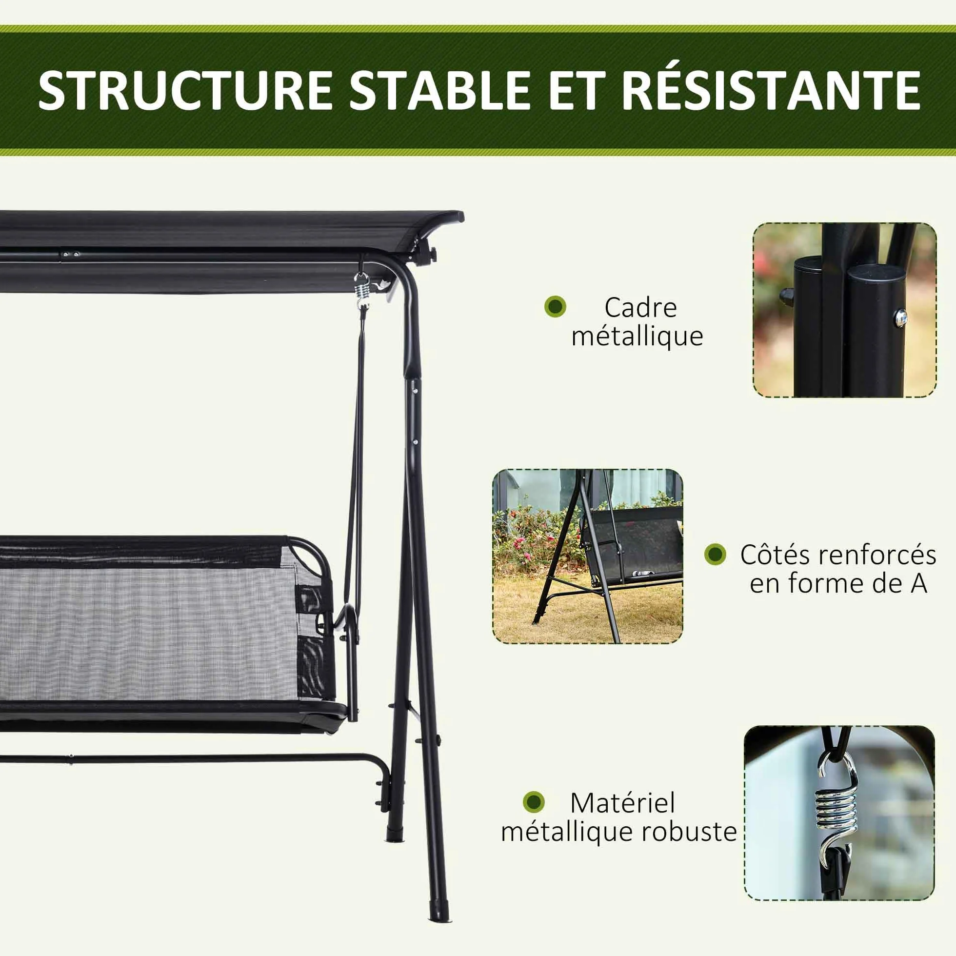 Outsunny Balancelle de Jardin 2 Places, Toit Inclinaison réglable, Structure Acier, 172x110x155 cm, Noir