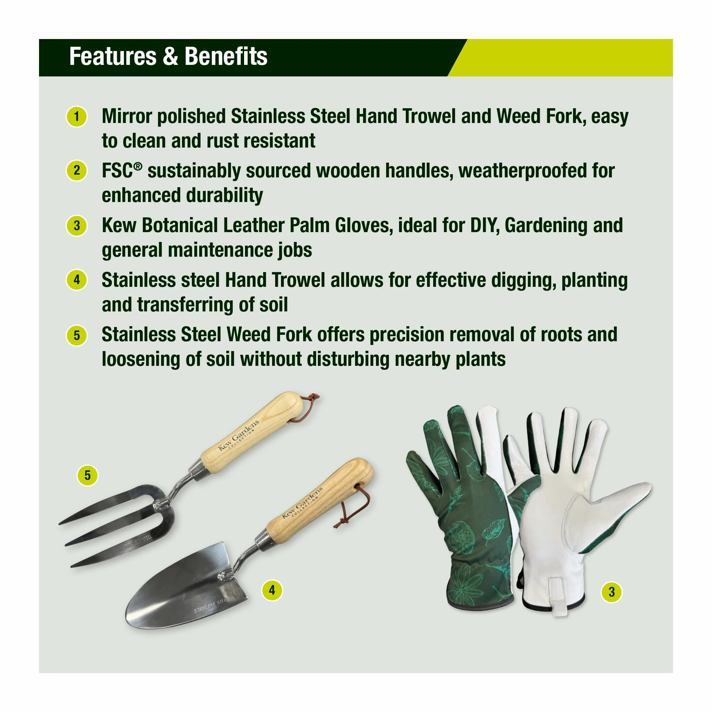 Spear & Jackson 3055KEW Coffret Cadeau Botanique Kew Gardens – Plantoir et Fourchette à Désherber en Acier Inoxydable avec Poignées en Bois FSC et Gants de Jardinage à Paume en Cuir