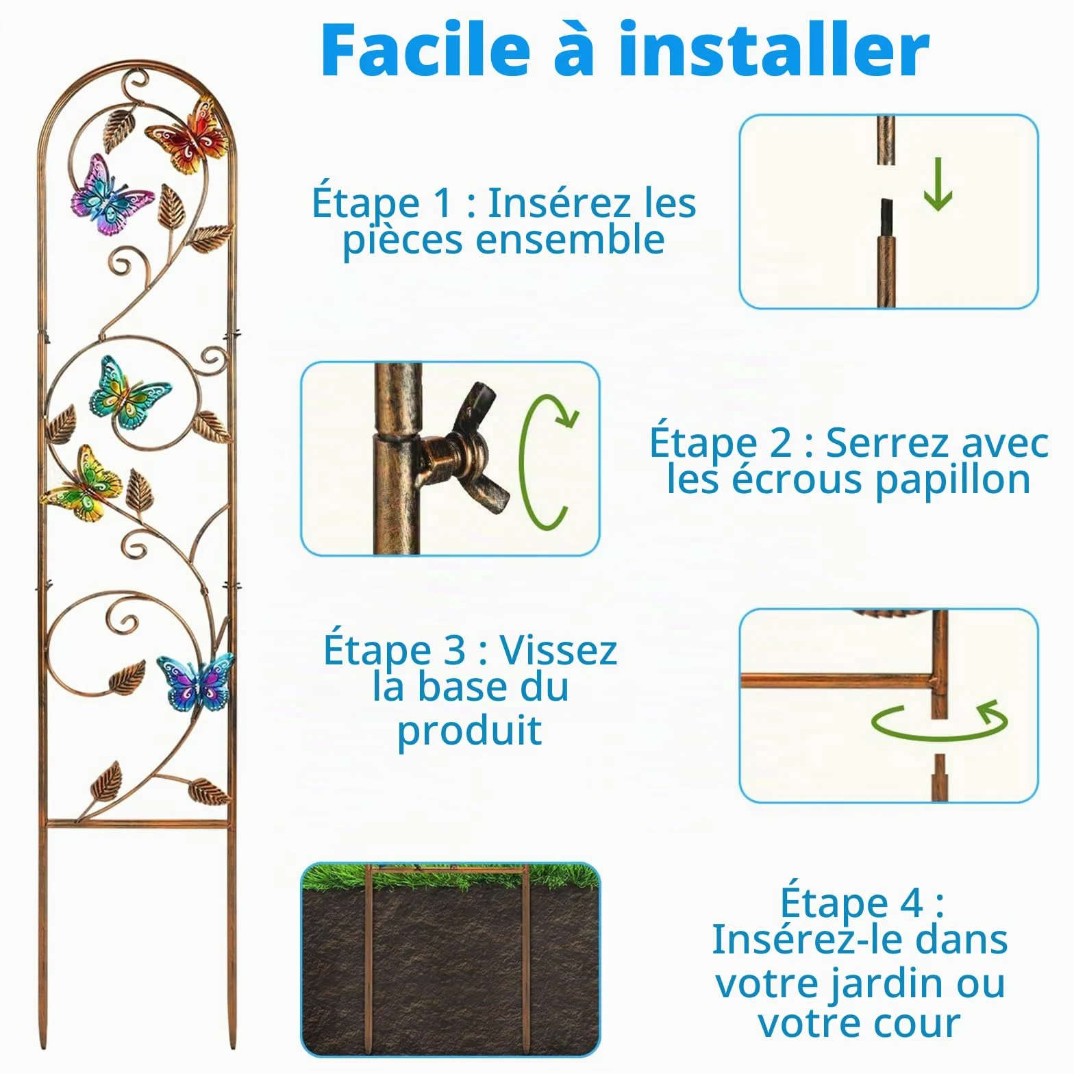 MEIYIFAN Lot de 2 Treillis Métalliques de Jardin de 152 cm Obélisque Haut pour Plantes Grimpantes Décoration Clôture Arquée pour Patio Extérieur Pelouse Cour Jardin (Papillon)