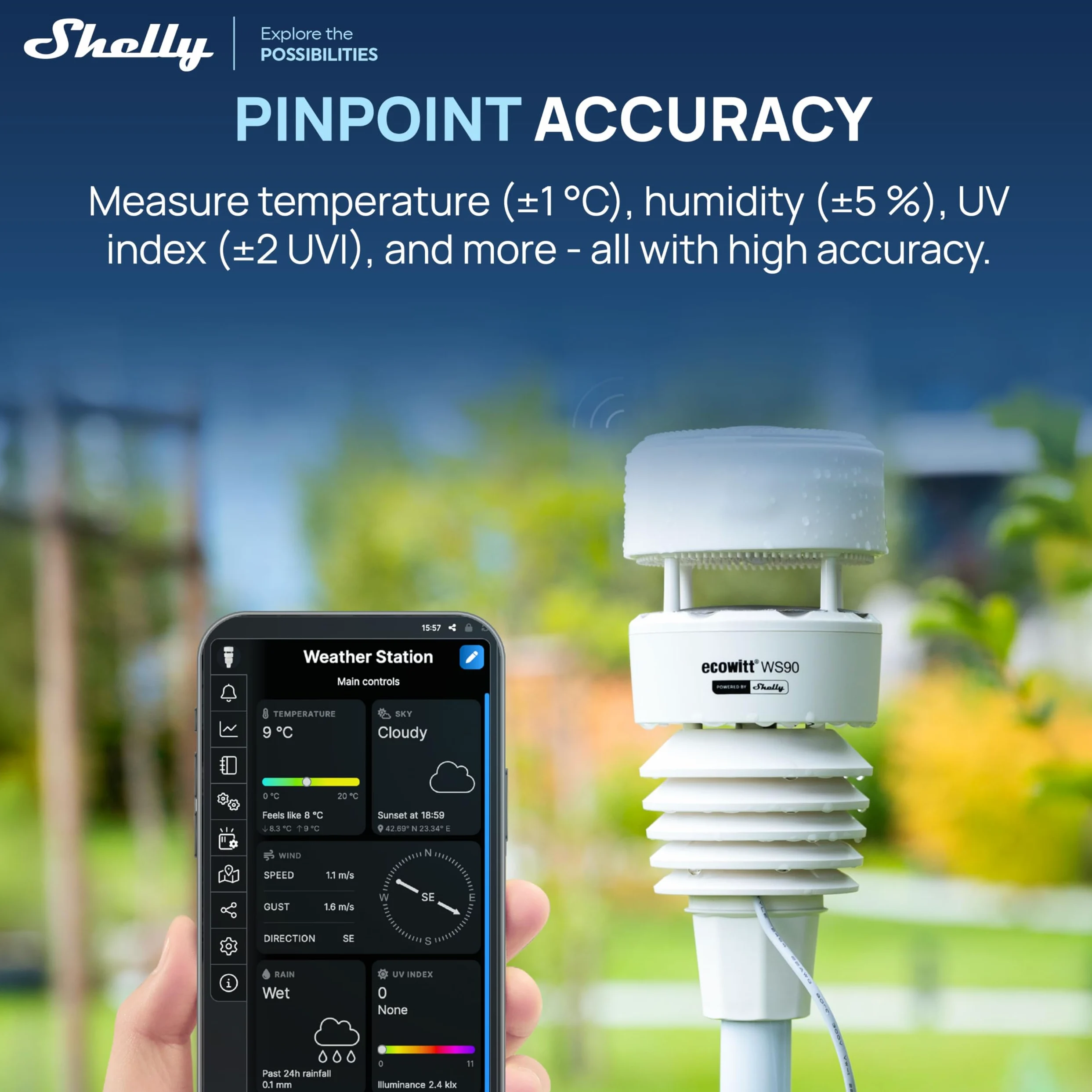 Ecowitt WS90 – Station météo sans fil extérieure, alimentée par Shelly, Bluetooth et Zigbee, Thermomètre et hygromètre connecté, Mesure vent, pluies, UV, Baromètre, IPX5, Aliemntation solaire