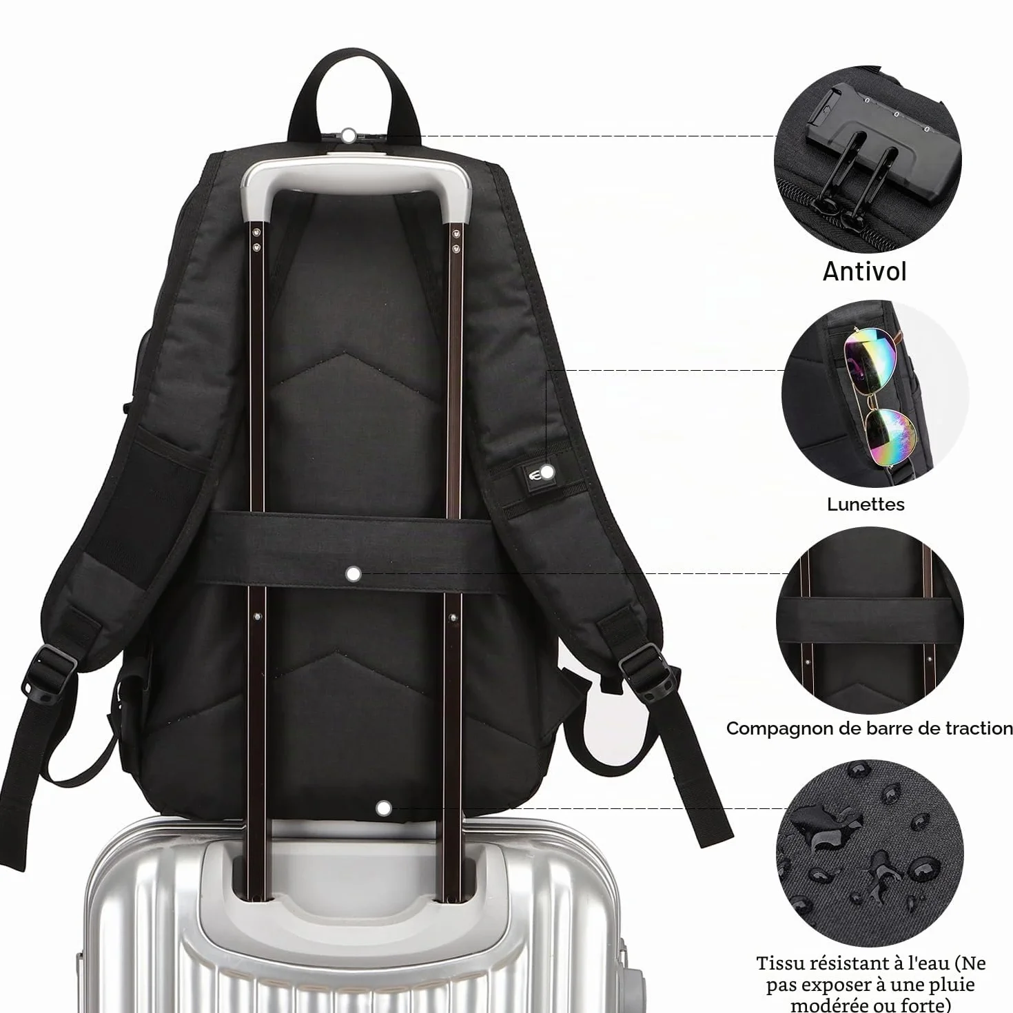 Antivol Sac à Dos Ordinateur Portable 15.6 Pouces Homme Imperméable USB Charging Port Sac à Dos D'affaires Noir