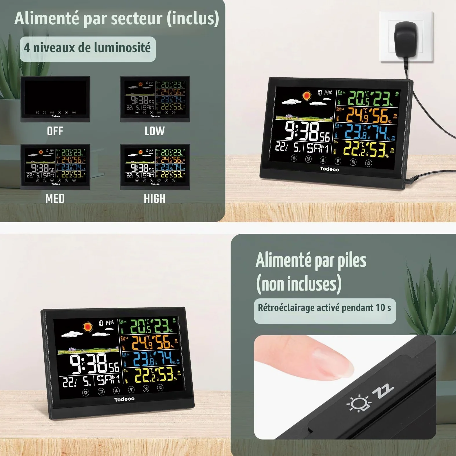 Todeco Station Météo Sans Fil avec 3 Capteurs et Écran LCD Couleur | Température et Humidité, Baromètre, Prévisions Météo, Heure, Calendrier, Réveil avec Snooze, Alimentation Secteur ou Piles