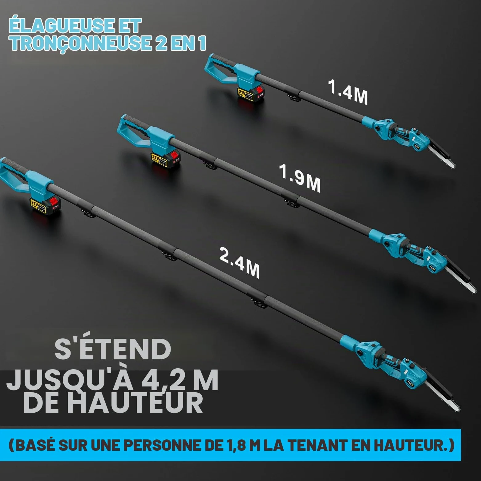 Mini TronçOnneuse 2 En 1 Avec Perche TéLescopique,Moteur Sans Balais 2600w,TronçOnneuse 8 Pouces, Lubrificateur Automatique Et 2 * 4000 Mah,Extensible Jusqu'à 4,2m Pour Branches D'Arbres, Coupe