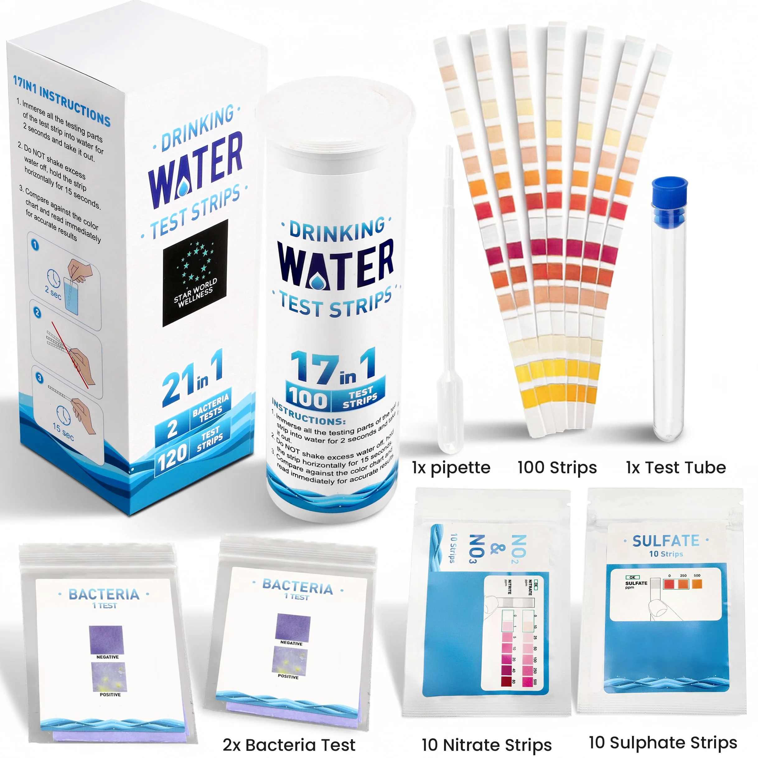 Kit de test d'eau potable 21 en 1 - 120 bandelettes de test d'eau + 2 tests de bactéries. Test de qualité de l'eau du robinet et du puits pour plomb, pH, dureté, chlore, nitrate