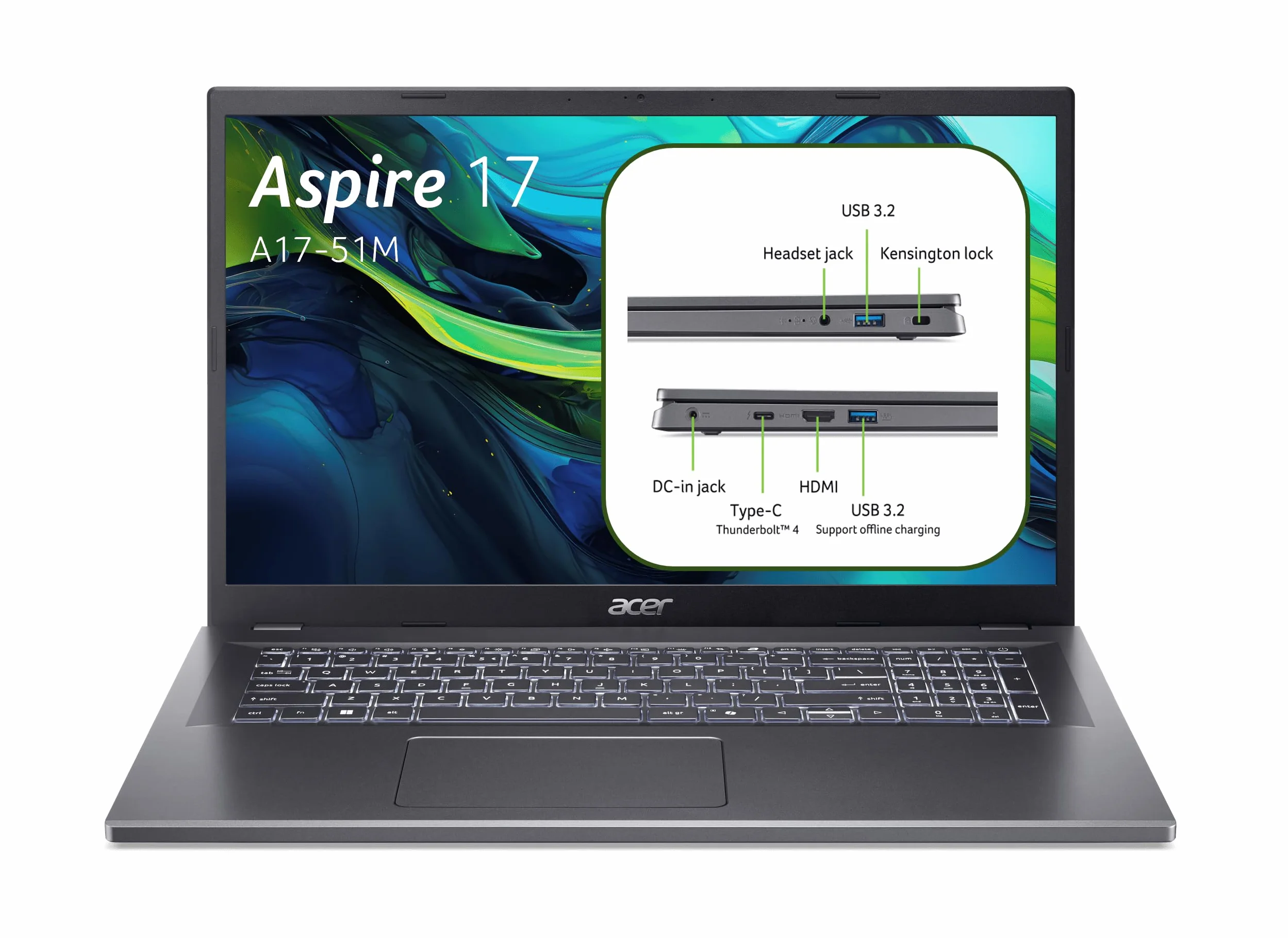 Acer Aspire 17 PC Portable 17.3" FHD 60Hz Intel Core i5-1334U 16 Go RAM 512 Go SSD Intel Iris XE Windows 11 Home Gris Clavier AZERTY A17-51M-54F8