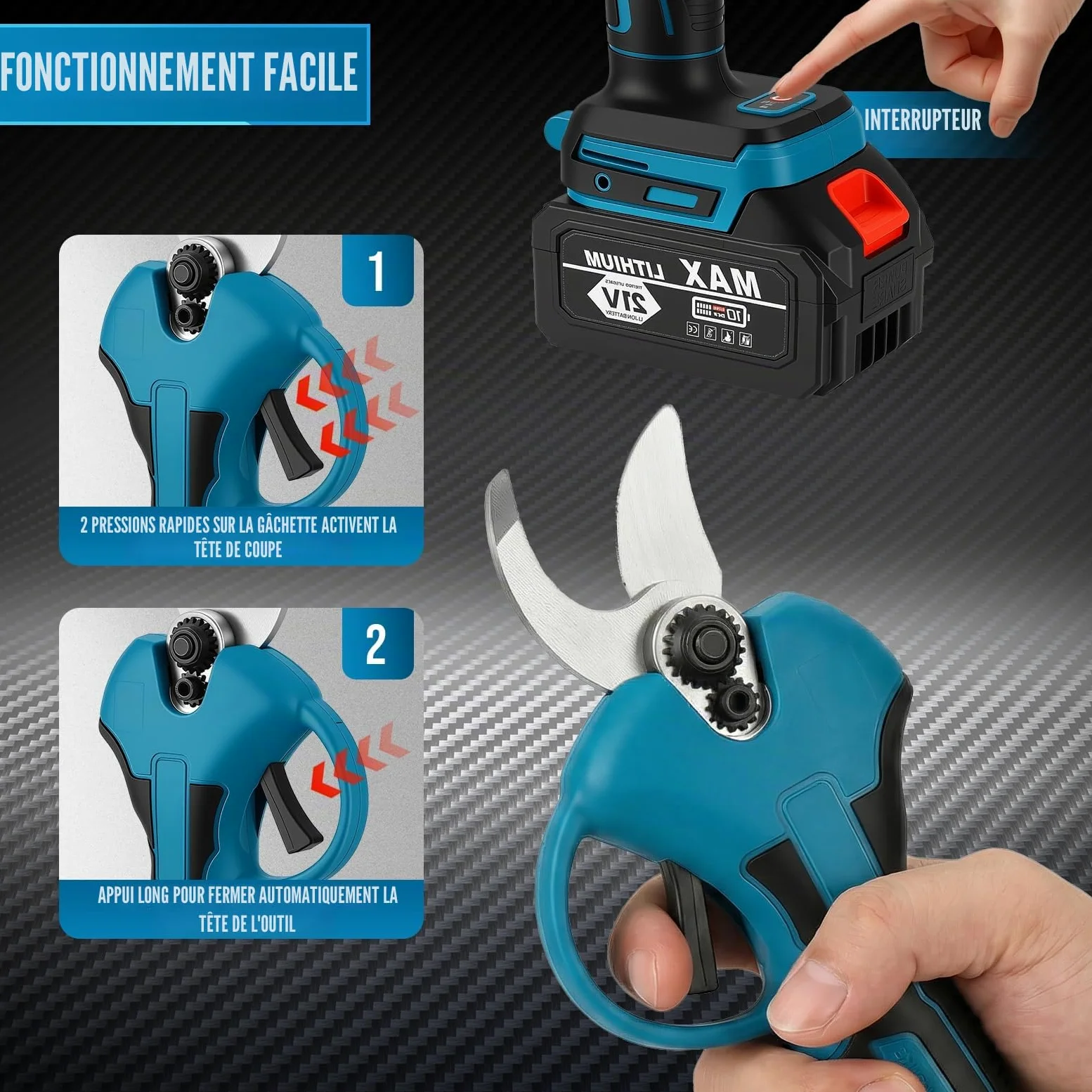 4 en 1 Élagueuse sur Perche sans Fil, 6'' Tronçonneuse Électrique Sans Fil, Secateur Electrique avec Perche Réglable de 1,32 à 2,3 m, avec 2 Batteries et Chargeur pour l'élagage et le Jardinage