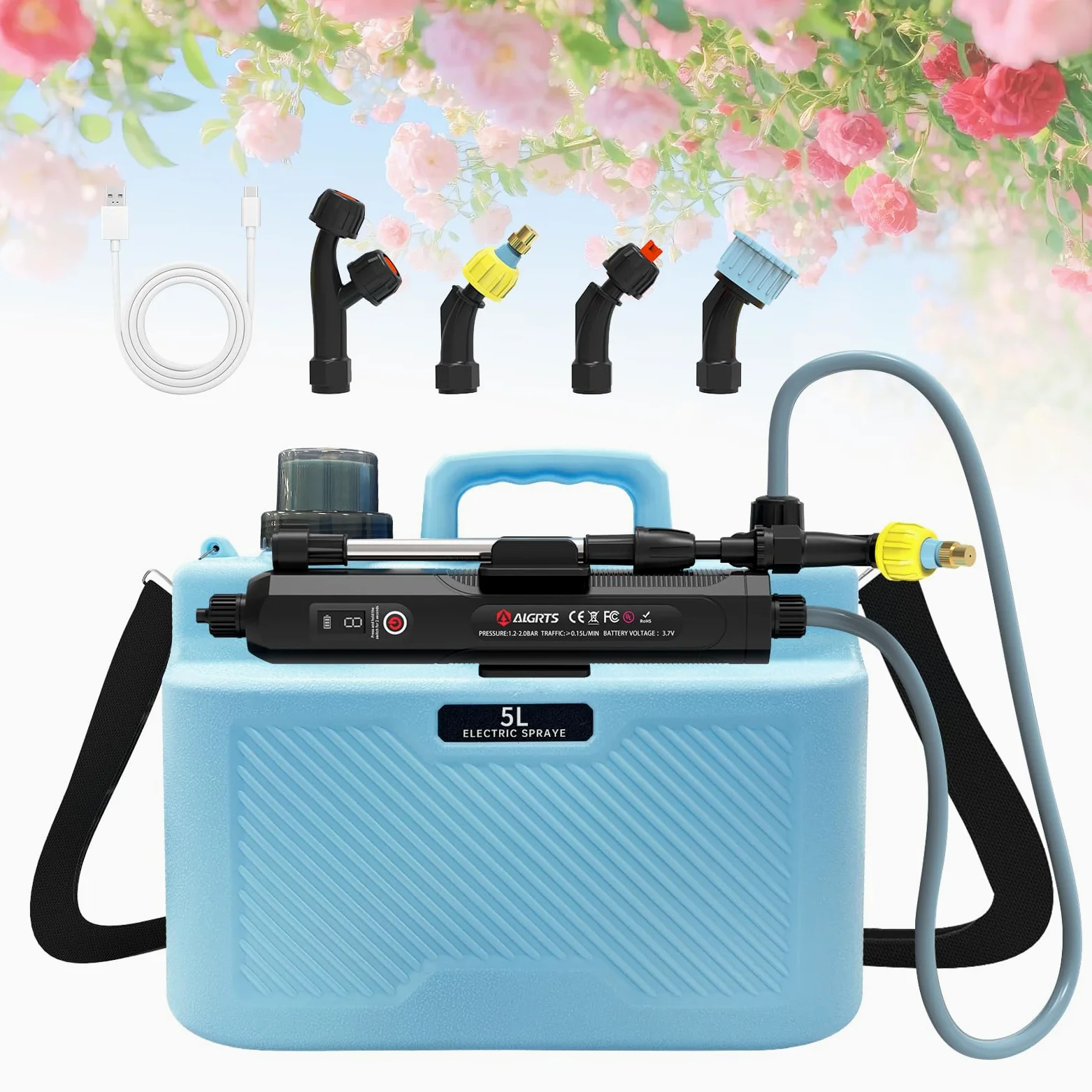 Pulvérisateur Électrique 5L Rechargeable, Pulvérisateur à Dos Jardin avec 4 Buses et Canne Télescopique adapté pour Arrosage et Désherbage dans Le Jardin