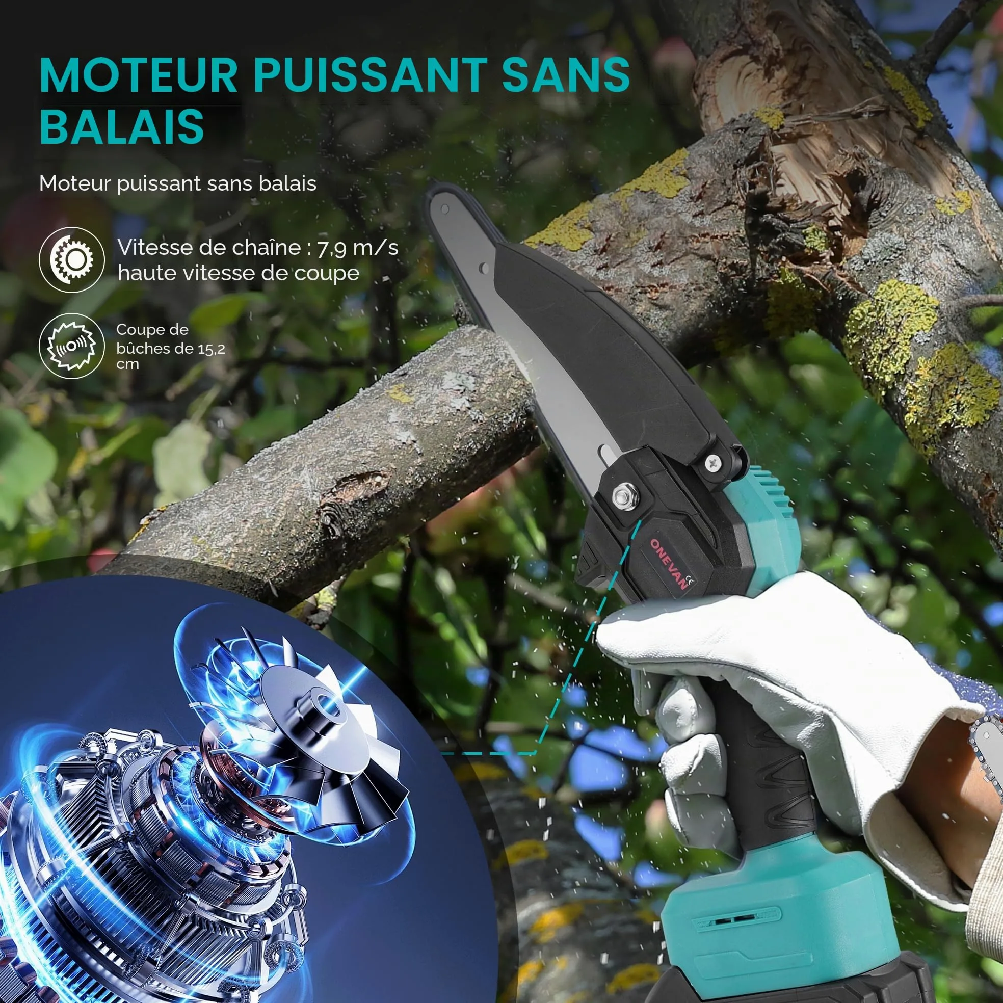 ONEVAN Élagueuse sur Perche Télescopique sans Fil 4-en-1 avec 2 Batteries | 15cm Tronçonneuse, 25mm Sécateur, 2.6m Perche, 180° Tête pivotante, Moteur Brushless, SK5-Lames, Élagage en hauteur, Jardin
