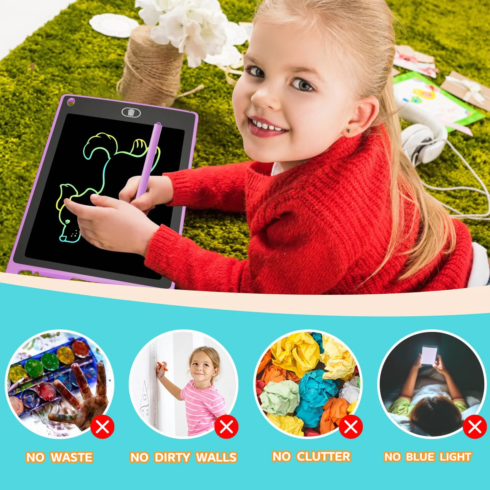 Electight 8.5 Pouces Tablette d'Écriture LCD Colorée avec Verrouillage & Effacement, Jouet Éducatif Enfants, Bleu+Rose+Violet
