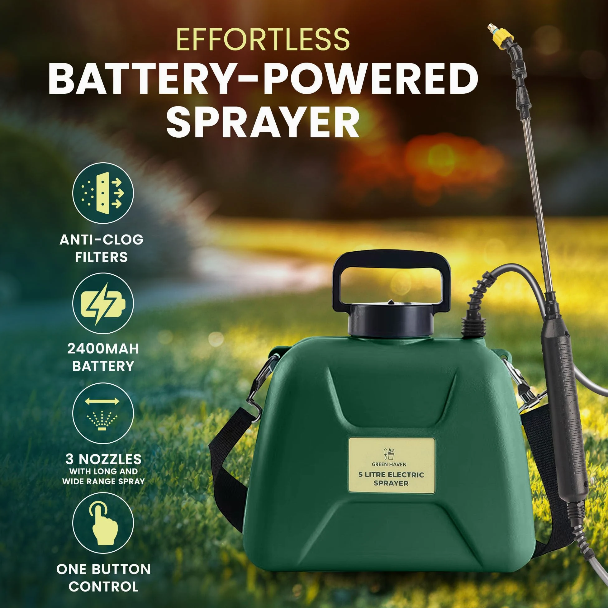 Green Haven Pulvérisateur de Jardin électrique Rechargeable par USB avec 3 Buses réglables, réservoir Facile à remplir, ABS Durable, Design Portable et bandoulière pour Le Jardinage