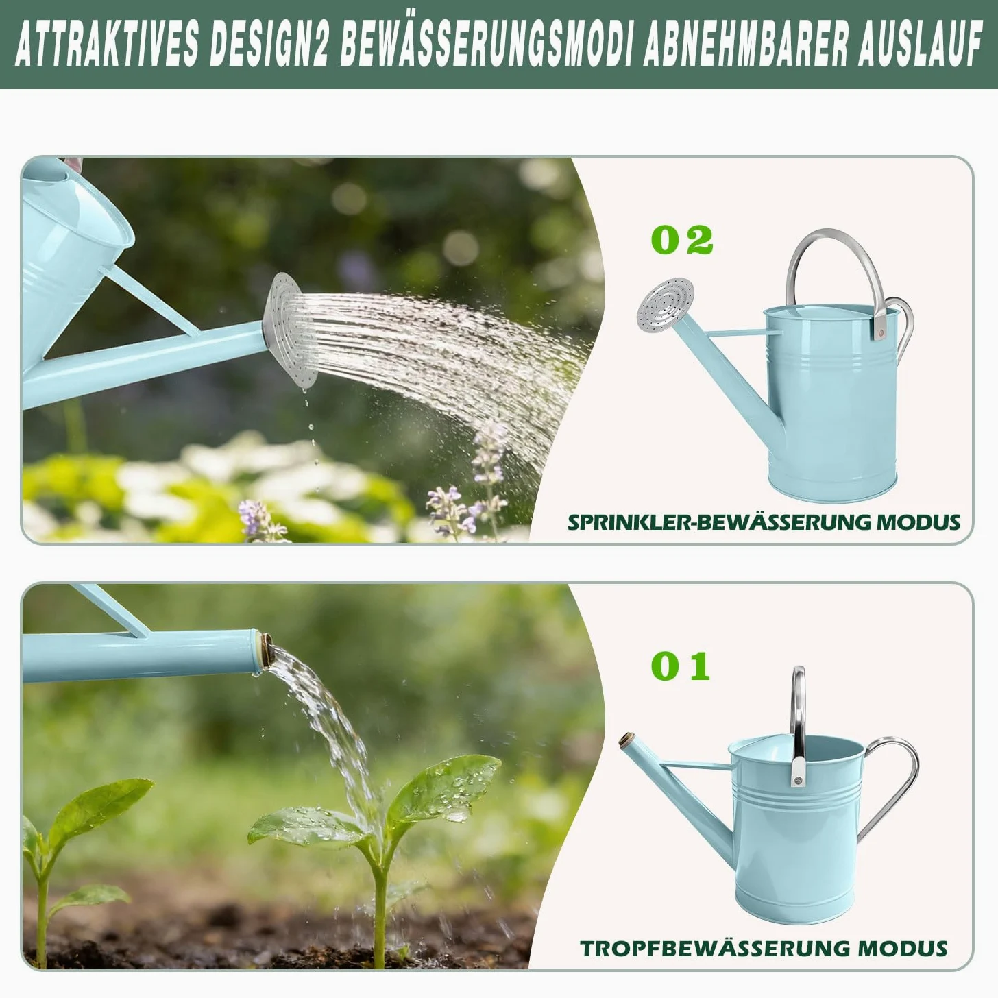 Arrosoir en métal Bleu Clair de 6,5 l pour Plantes d'extérieur et d'intérieur - Arrosoir en Acier galvanisé avec Bec Amovible, poignée de Transport Mobile - Pot d'arrosage résistant à la Rouille pour