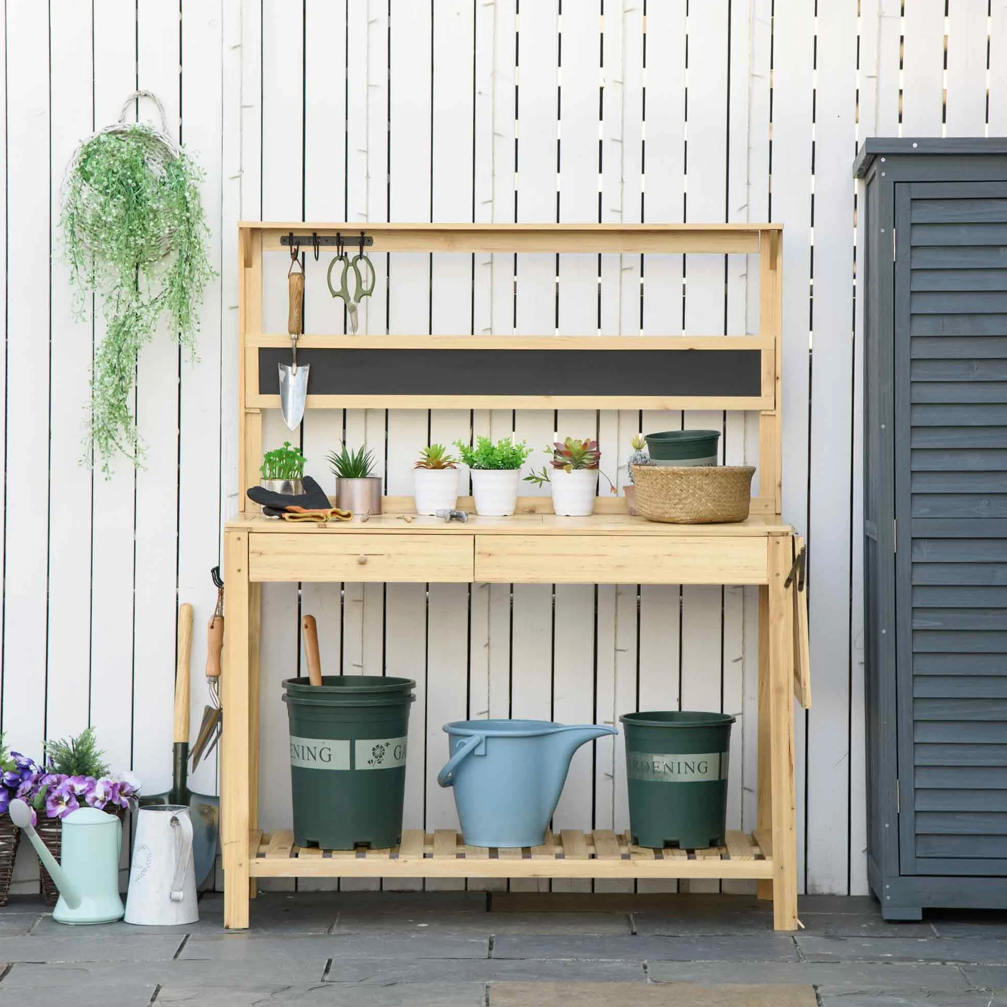 Outsunny Table de rempotage de jardin avec 2 étagères, tiroir, étagère pliante, 8 crochets, évier, tamis, planche en bois d'épicéa